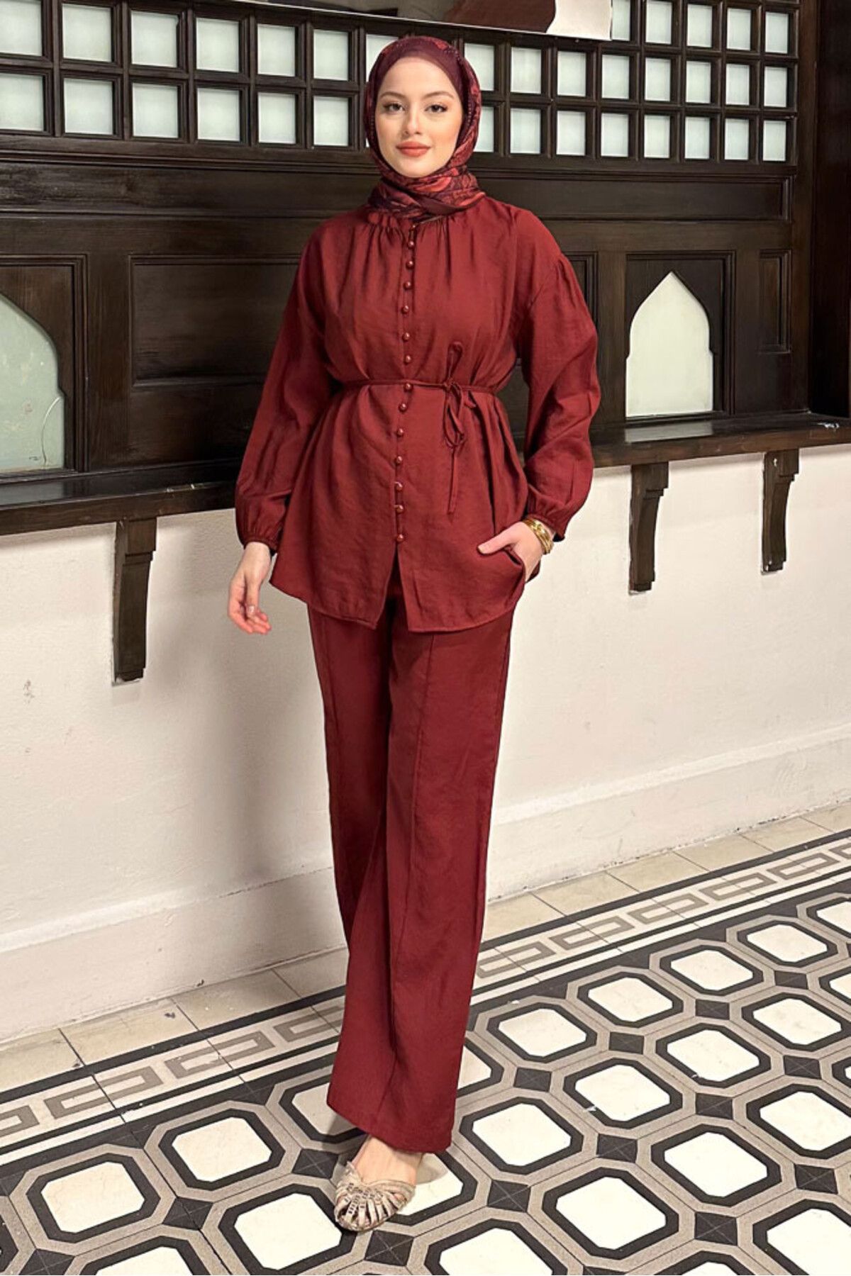 Miraydın Butik Kadın Düğmeli ve Bağlamalı Pantolon Takım M15807 - Bordo