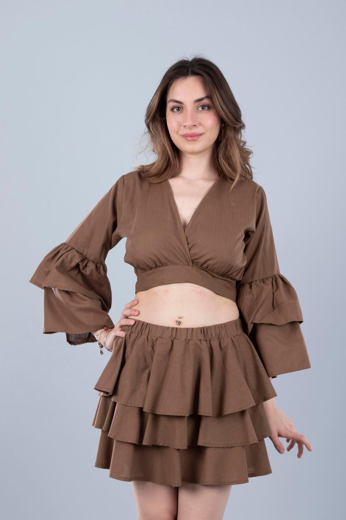 Bonitas Beachwear Pamuklu Bağlamalı Crop Kahverengi