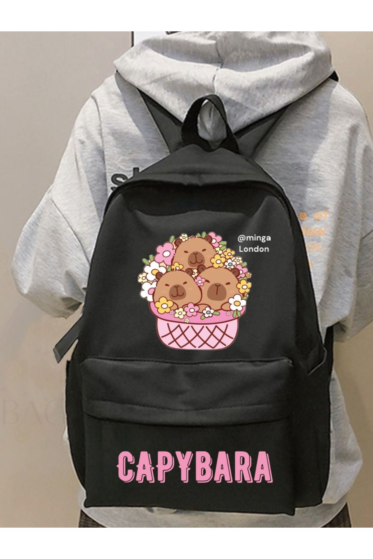 Minga London Siyah Capybara Flowers Baskılı Okul, Dershane, Kurs Baskılı Sırt Çantası -Minga London