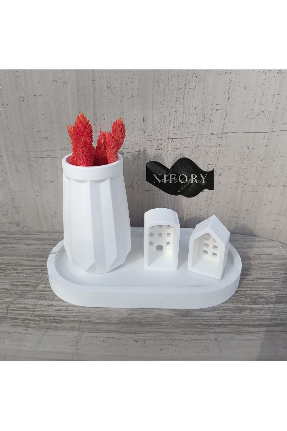 Nifory 520-N03 Dekoratif Beton Sunum Aksesuar Set Beton Biblo Organizer Takımı Çok Amaçlı Dekoratif Set