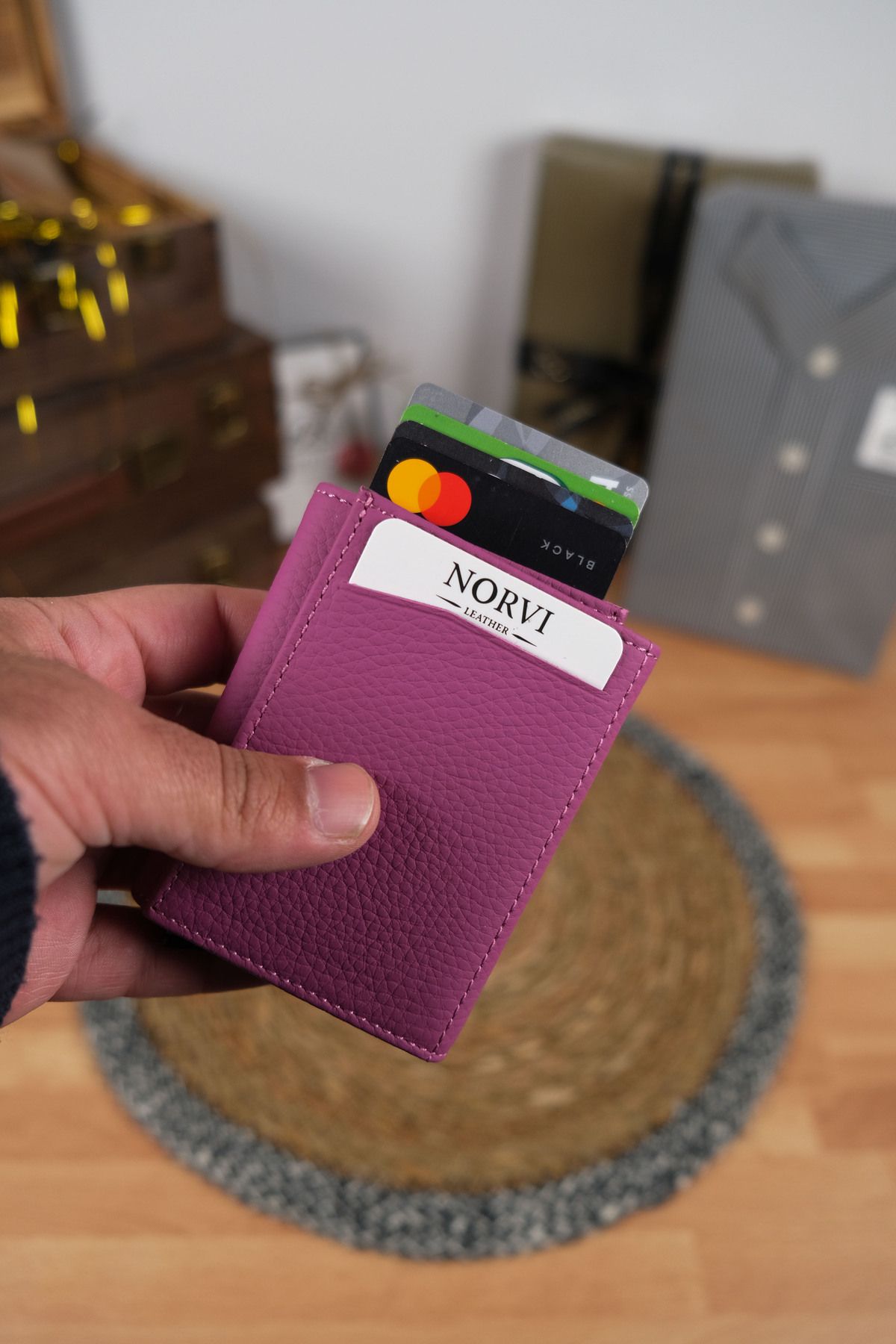 Norvi Leather Mekanizmalı Otomatik Hakiki Deri Kartlık Kadın Pembe