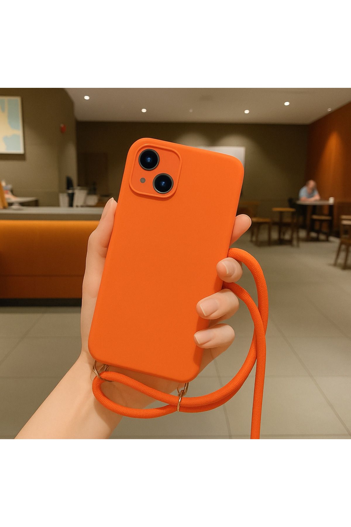 Coverzone iPhone 13 ile uyumlu İpli Boyun Askılı Silikon Kılıf Kadife iç Yüzeyli Epiphany Kılıf Turuncu
