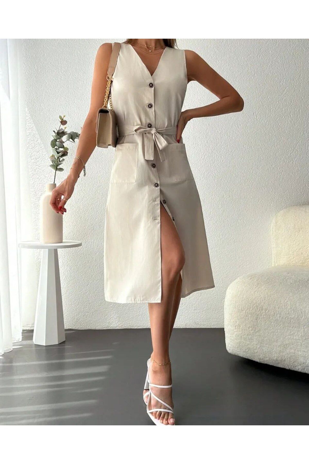 shcenco Poplin Kumaş Bel Kuşaklı Düğmeli Elbise - Krem