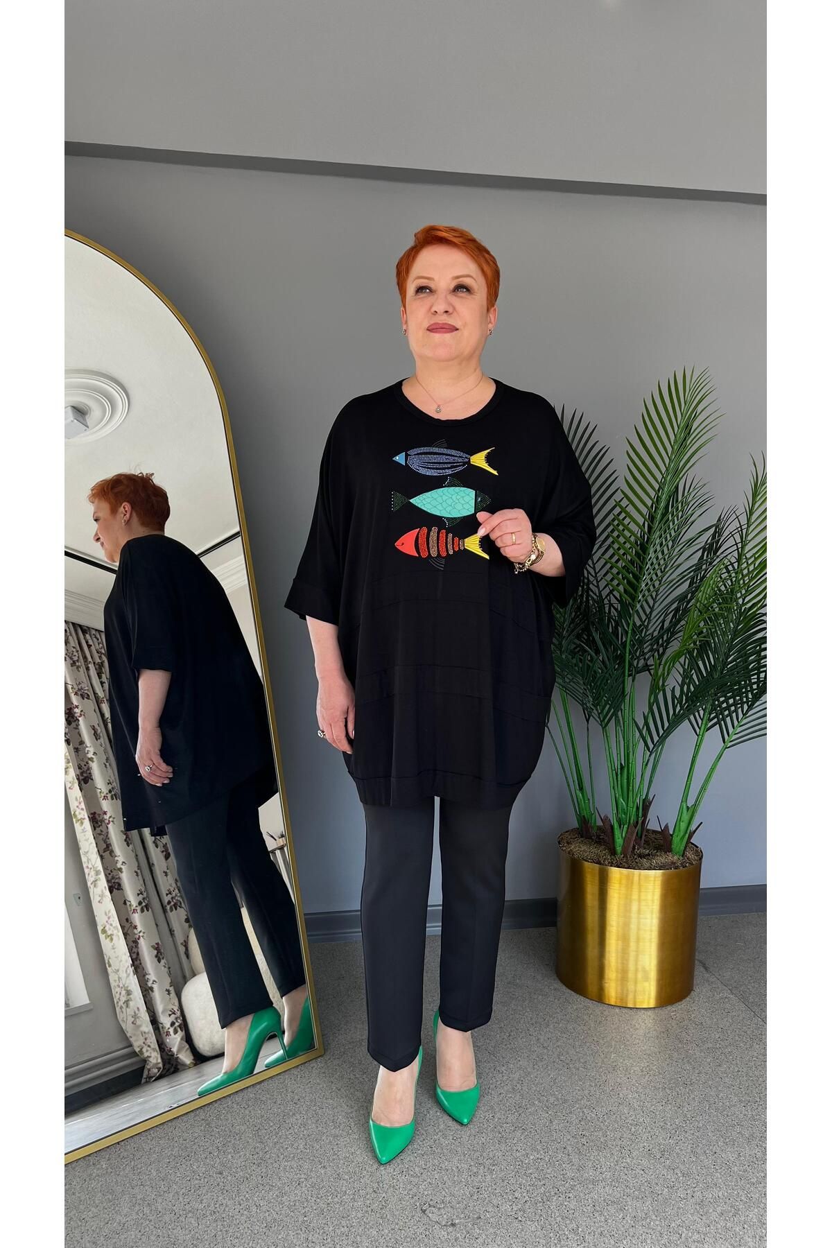selma Büyük Beden Balık Desenli Bluz