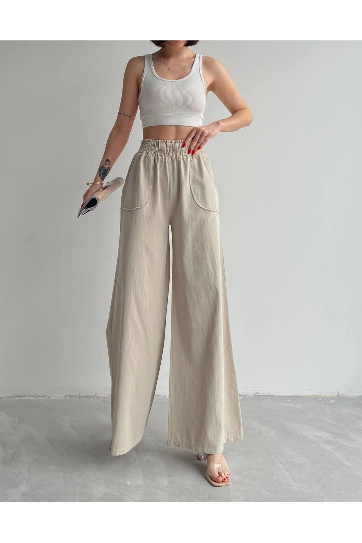 DENİKK Beli lastikli keten karışımı geniş paça kadın pantolon 232-4082
