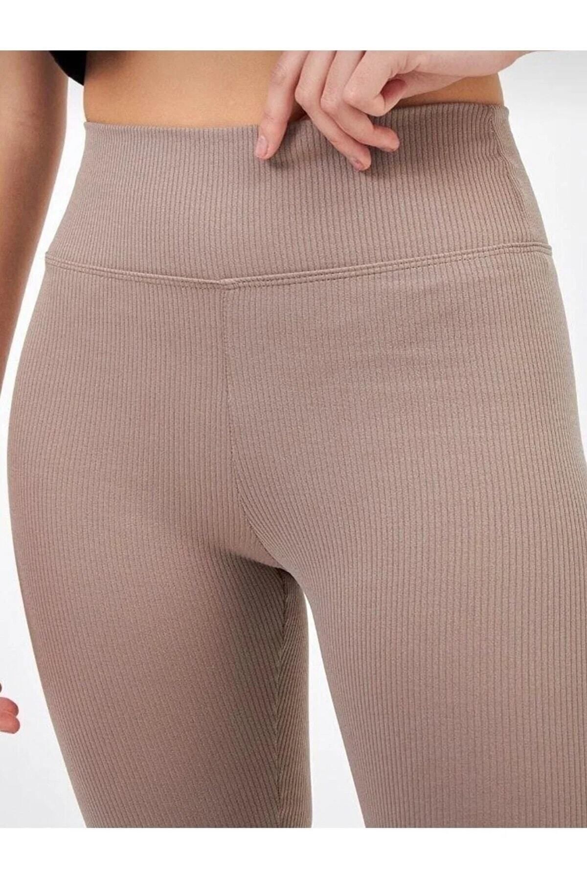 ayşem butik Vizon Fitilli Seamles Çizgili Kısa Şorttayt Yüksek Bel Örme Fitilli Biker Sportayt Toparlayıcı