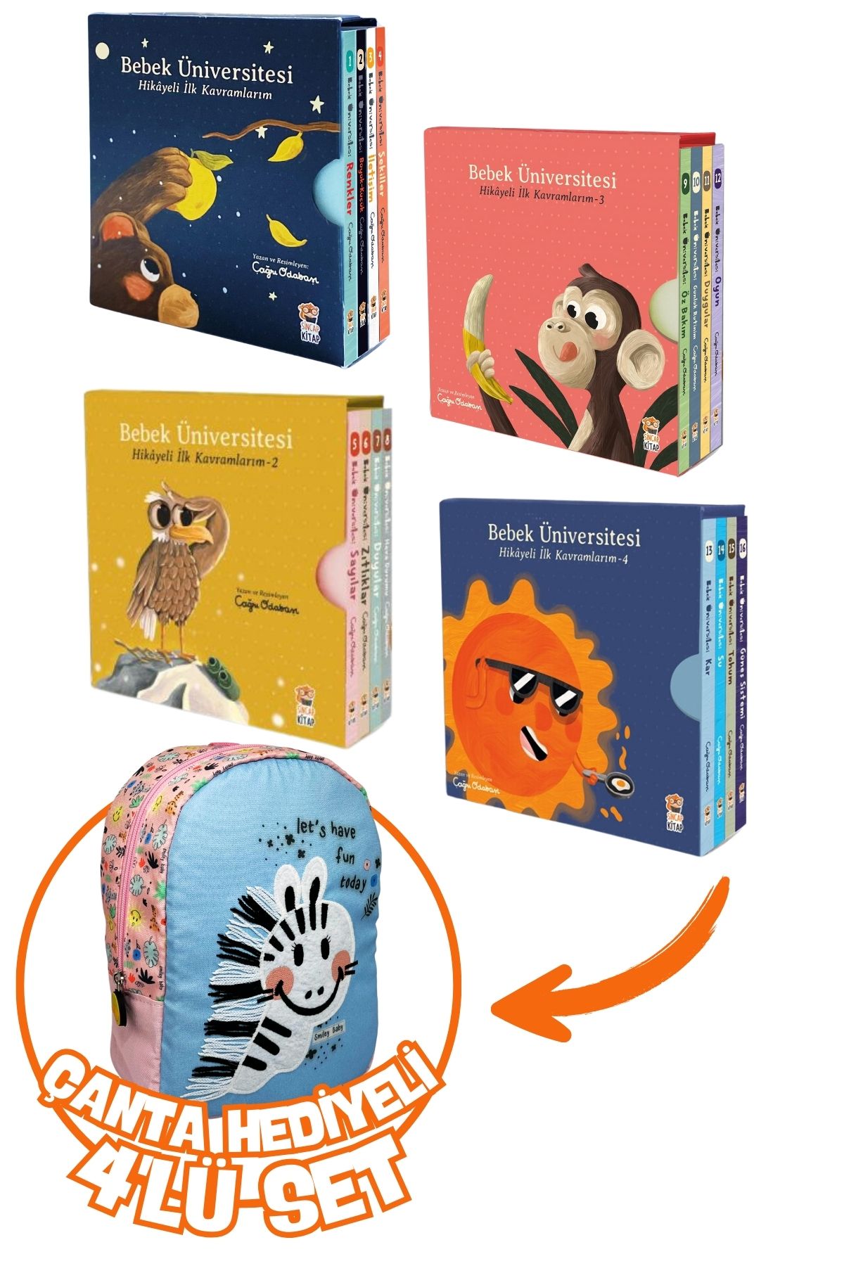 Sincap Kitap Bebek Üniversitesi Hikayeli İlk Kavramlarım 4'lü Set+Hediye Smiley Baby Zebra Anaokul Çanta