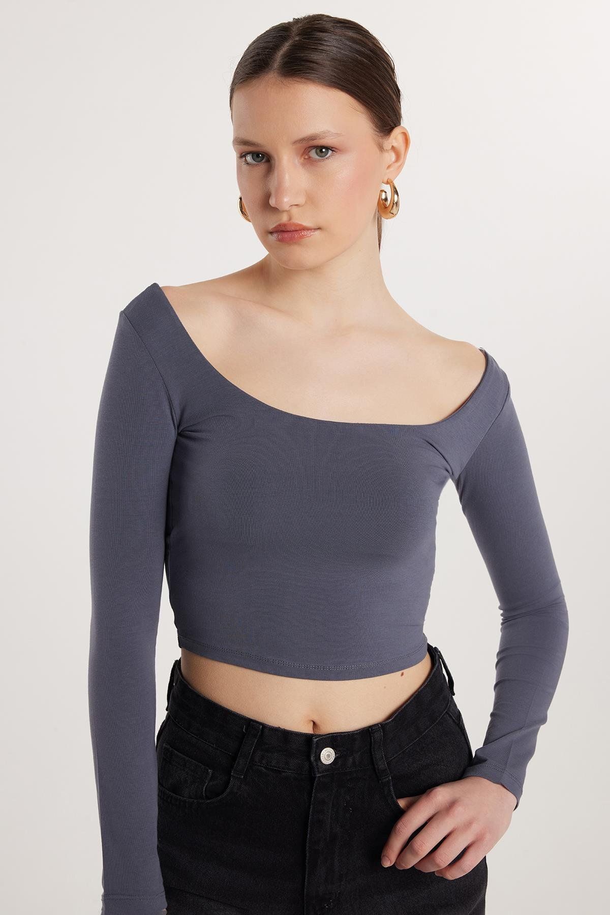 Tudors Kadın Slim Fit Dar Kesim Pamuklu Kayık Yaka Antrasit Bluz