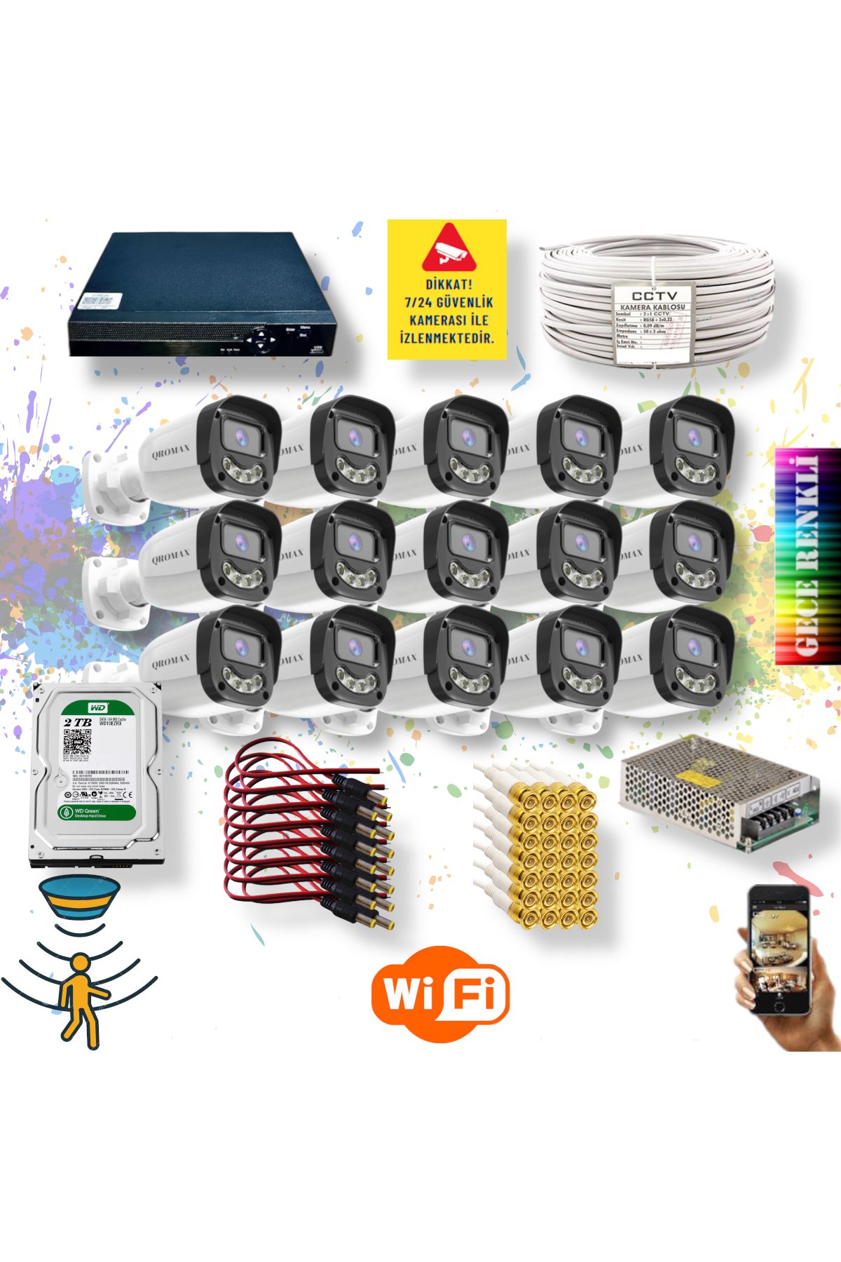 qromax 15 Kameralı Gece Renkli Hareket Algılayan SONY Lensli Güvenlik Kamerası Seti 2304W-9016