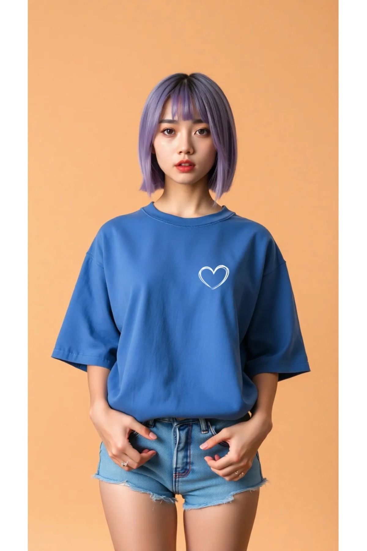 puolikuu Oversize Kadın Tshirt renkli kalp baskılı tshrt tişört