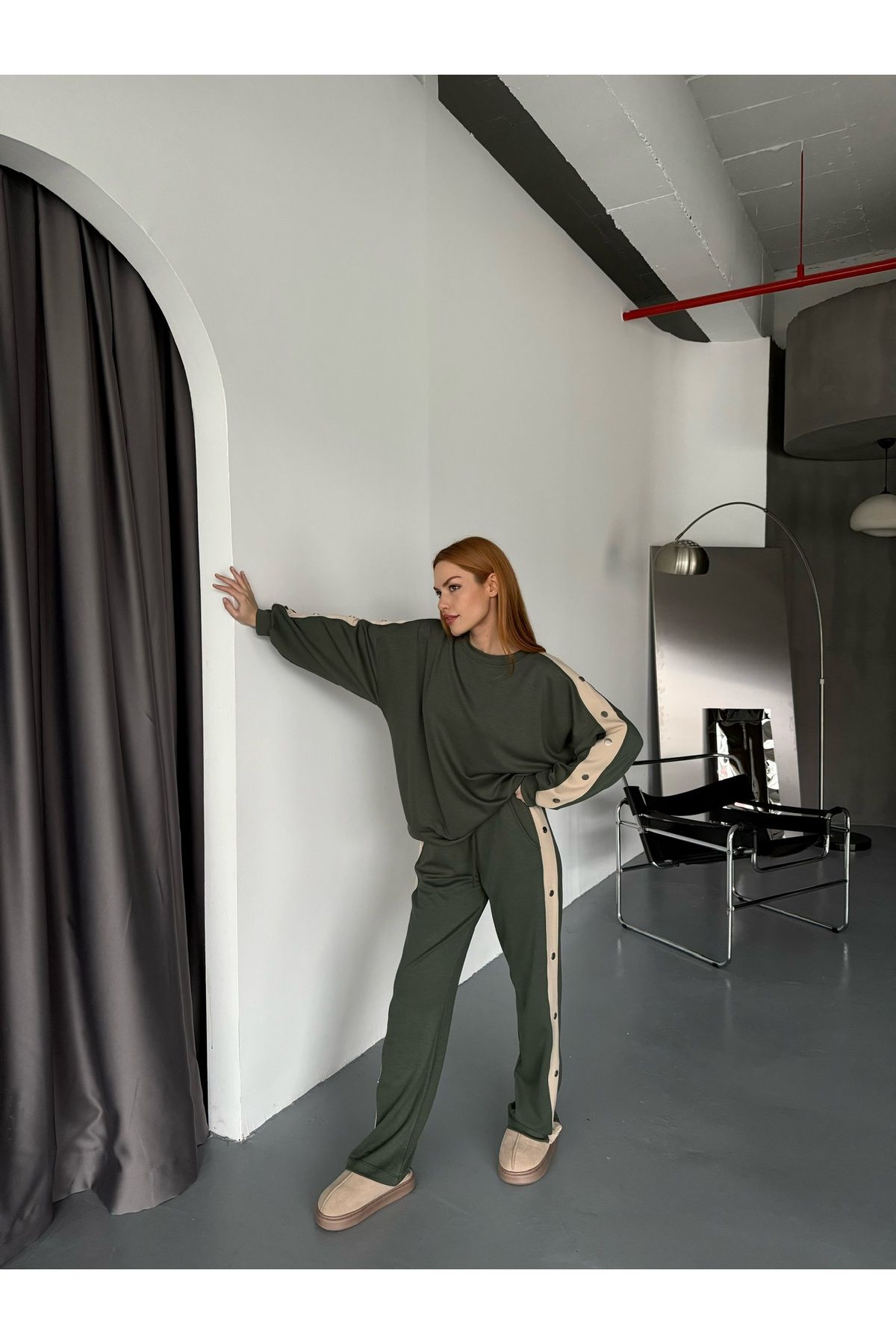 Cappmoda TKM-1110 Haki Modal Kumaş Çıtçıt Detaylı Salaş Bluz Palazzo Pantolon İkili Takım