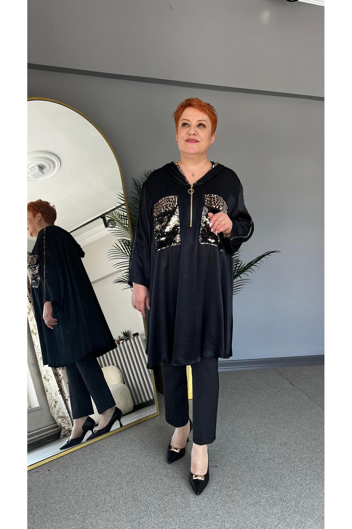 selma Büyük Beden Leopar Desenli Payet İşlemeli Bluz