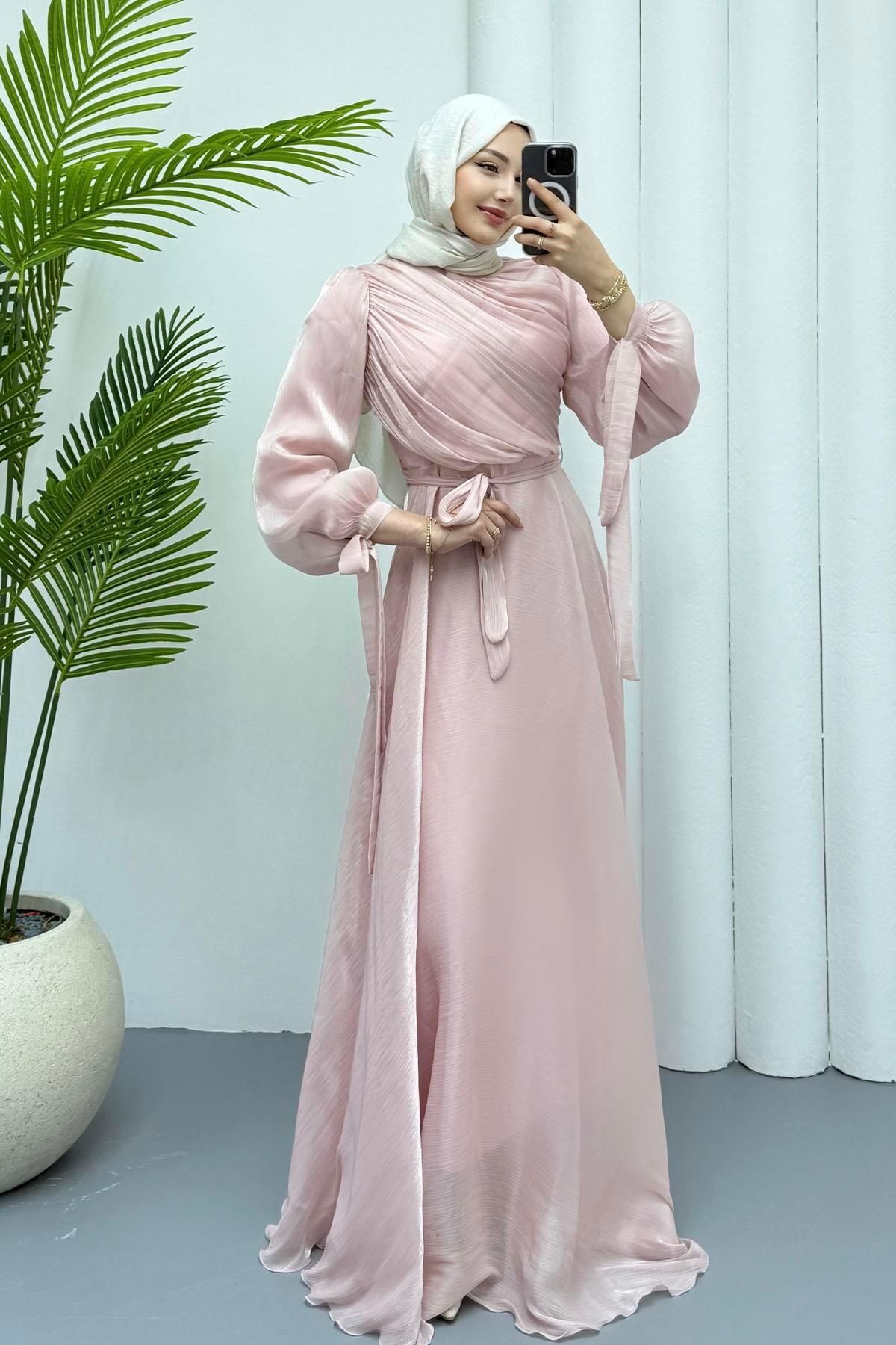 Modaensarbutik Gögüs Drapeli Kolları Bağlamalı Jan Jan Tesettür Abiye-PEMBE