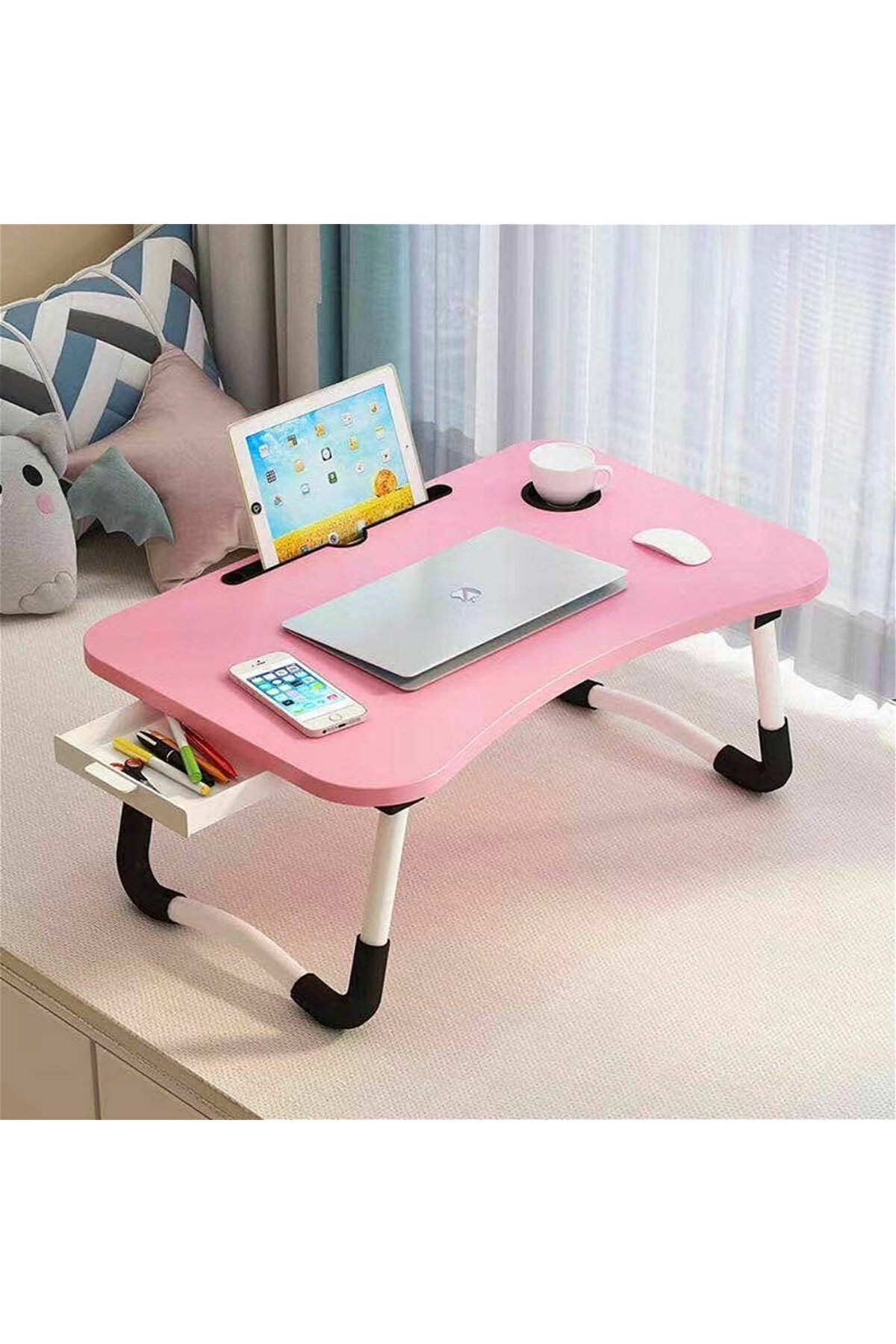 طاولة لابتوب للسرير محمولة قابلة للطي مع حامل أكواب للعمل وتناول الطعام والكتابة، لون زهري