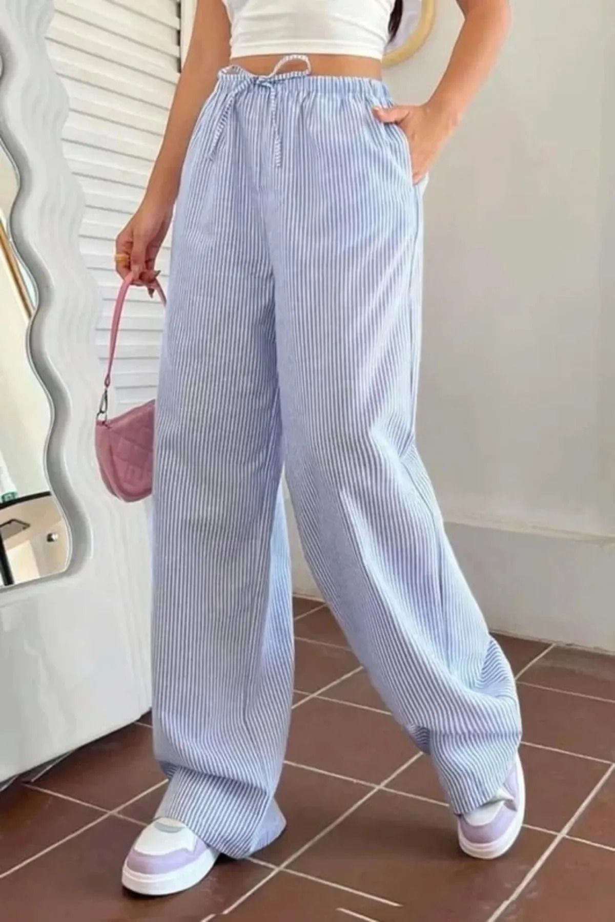 weywot Mavi Çizgili Beli Lastikli Y2K Bol Paça Pantolon
