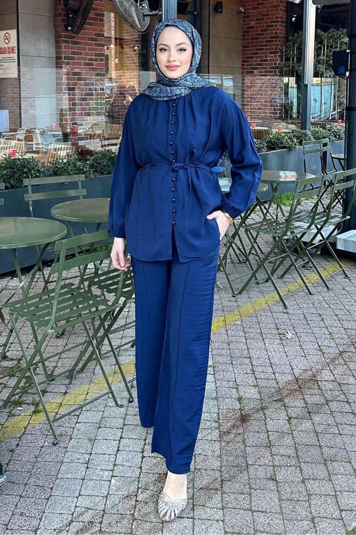 Miraydın Butik Kadın Düğmeli ve Bağlamalı Pantolon Takım M15807 - Lacivert