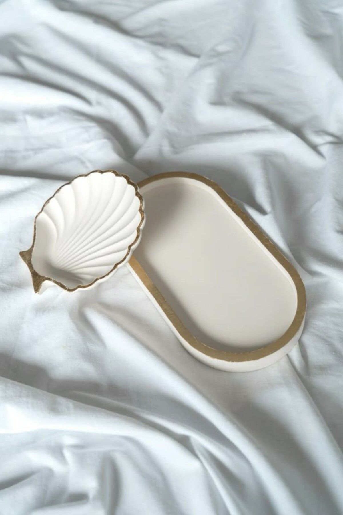 beautystyle 2li Set Gold Detaylı - Dekoratif, Mücevher Ve Fonksiyonel Organizer Oval Beton Altlığı, Hediyelik