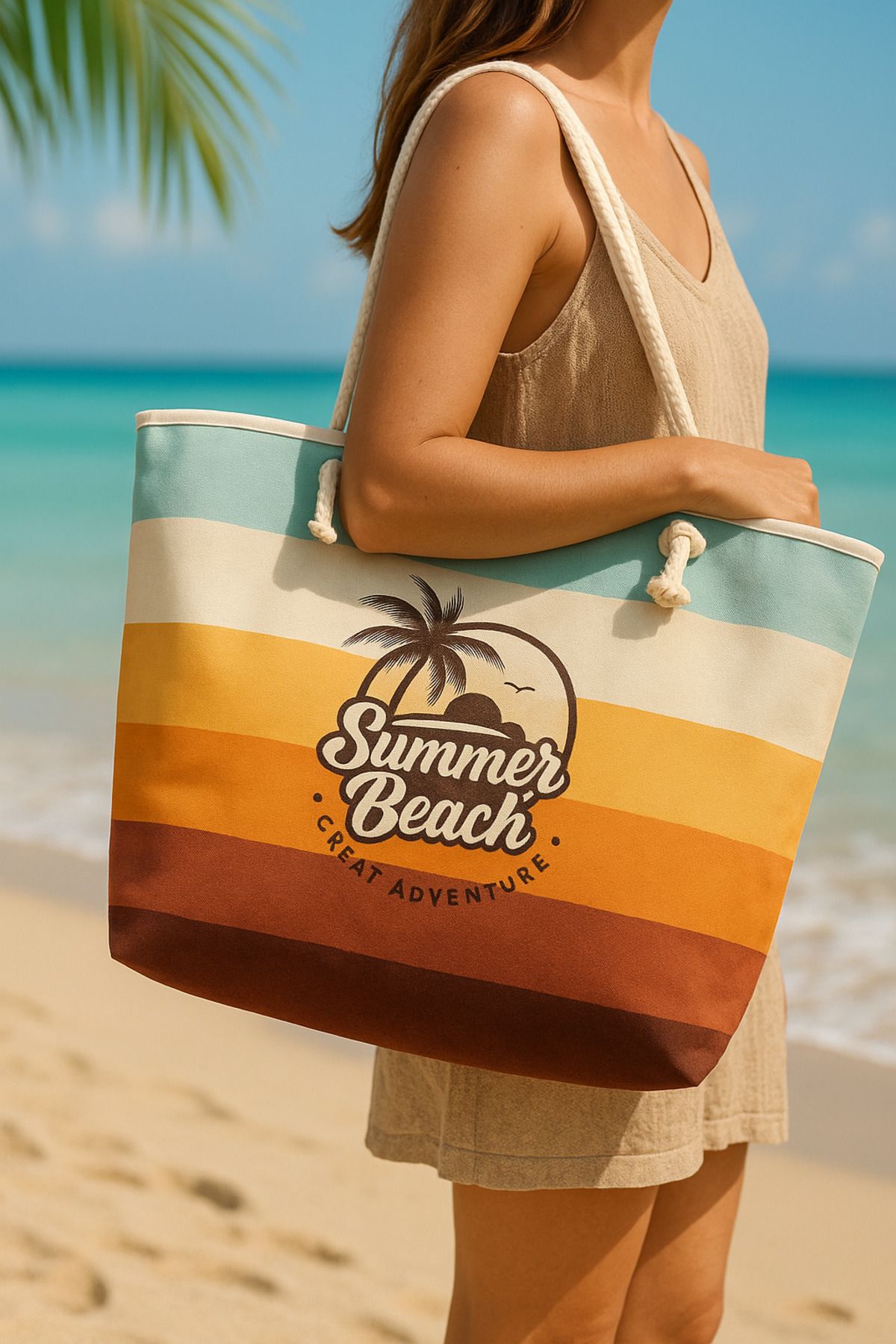 HomyJRs Summer Beach Yazılı Büyük Boy Piknik ve Plaj Çantası – Halat Saplı – 55x36x15 cm