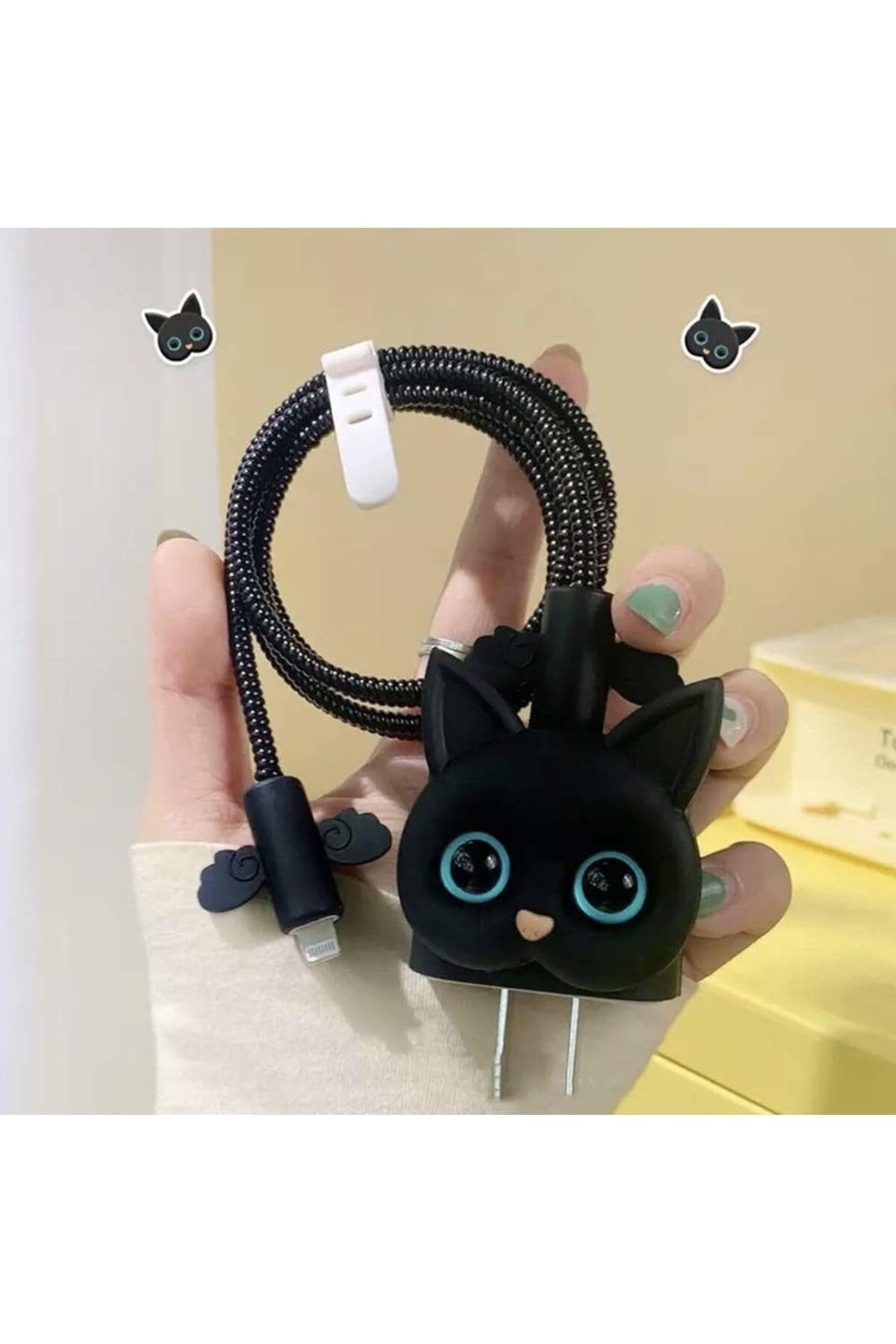 ÇAĞUR Eser iPhone 18W/20W ile uyumlu Siyah Kedi Şarj Başlığı 3D Animasyon Şarj Başlığı ve Kablo