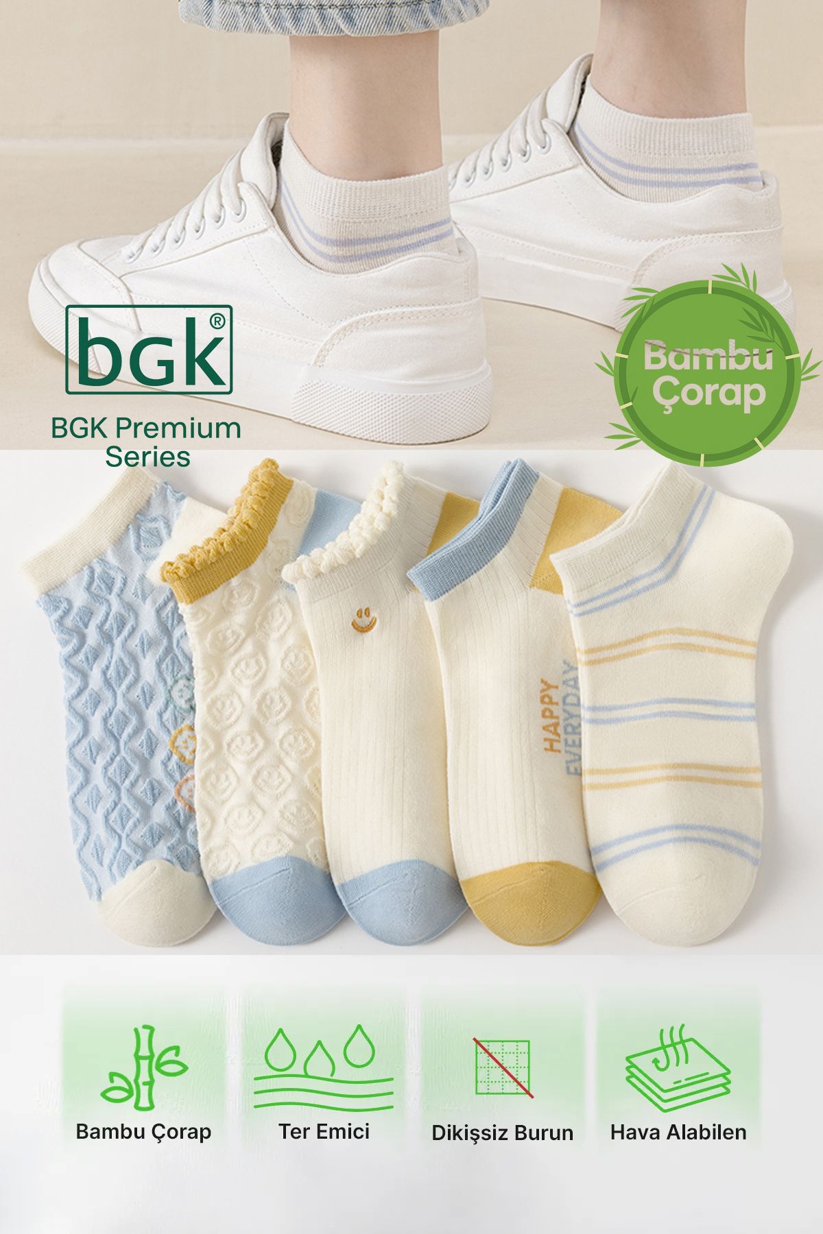 BGK 5 Çift Bambu Desenli Kadın Çorap (Dikişsiz) Premium