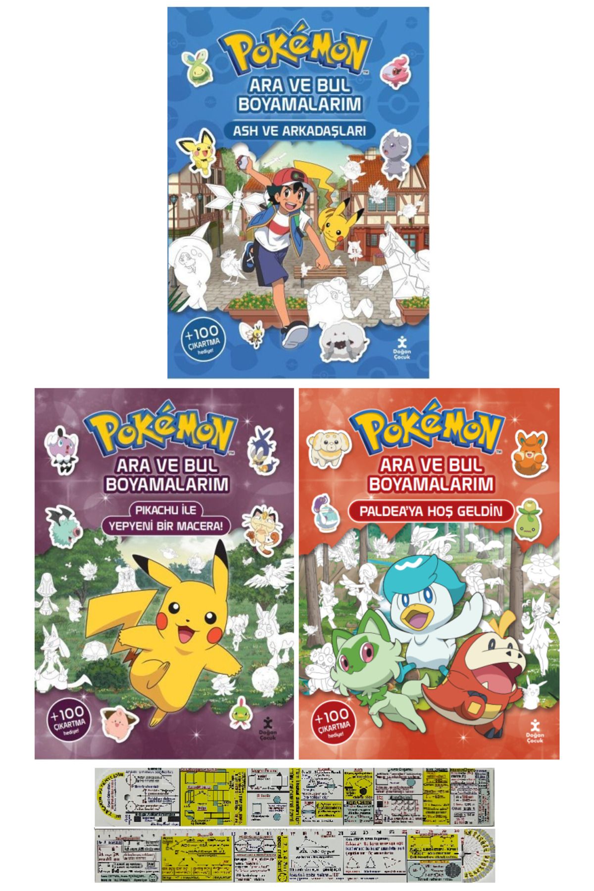 Doğan Çocuk Pokemon Ara ve Bul Boyamalarım Çıkartmalı 3'lü Set + Mat. Öğreten Cetvel