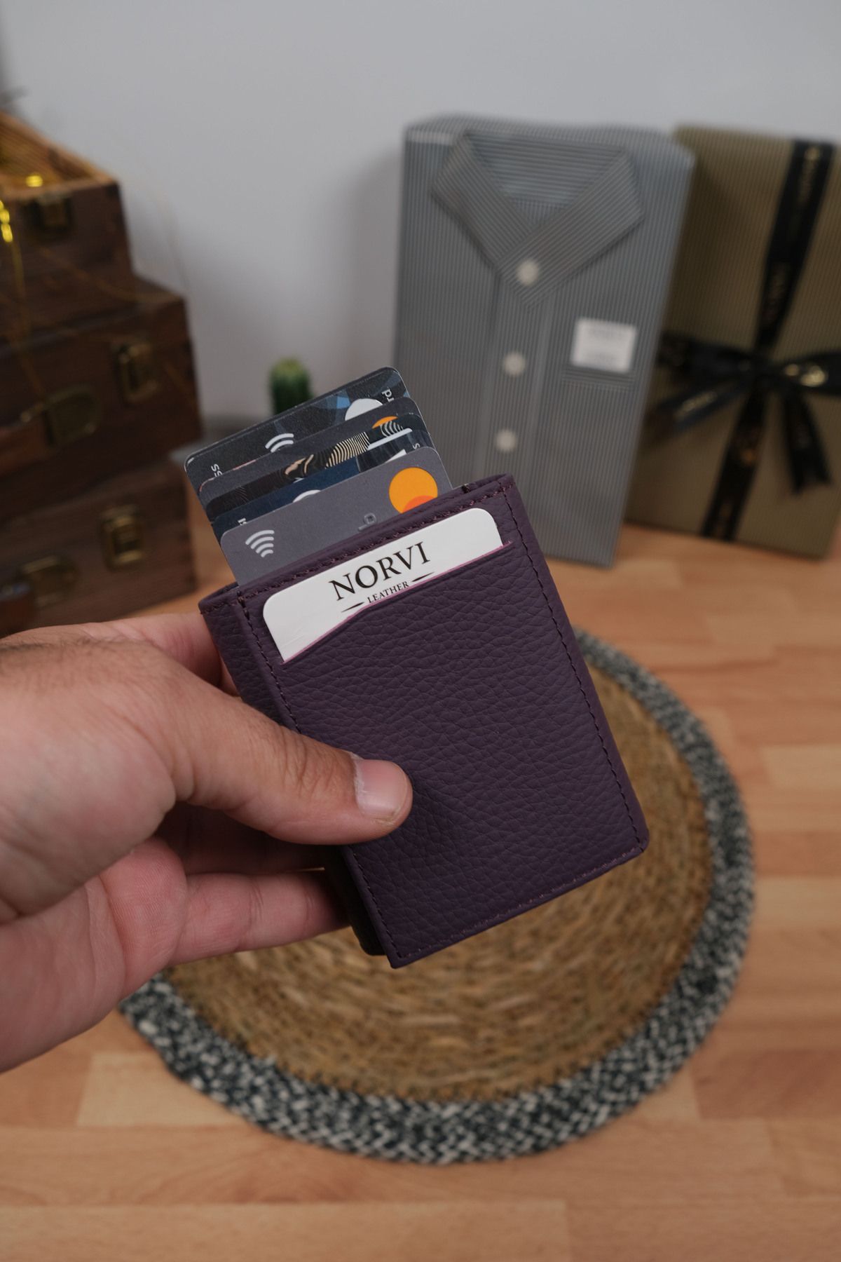 Norvi Leather Mekanizmalı Otomatik Hakiki Deri Kartlık Kadın Mor