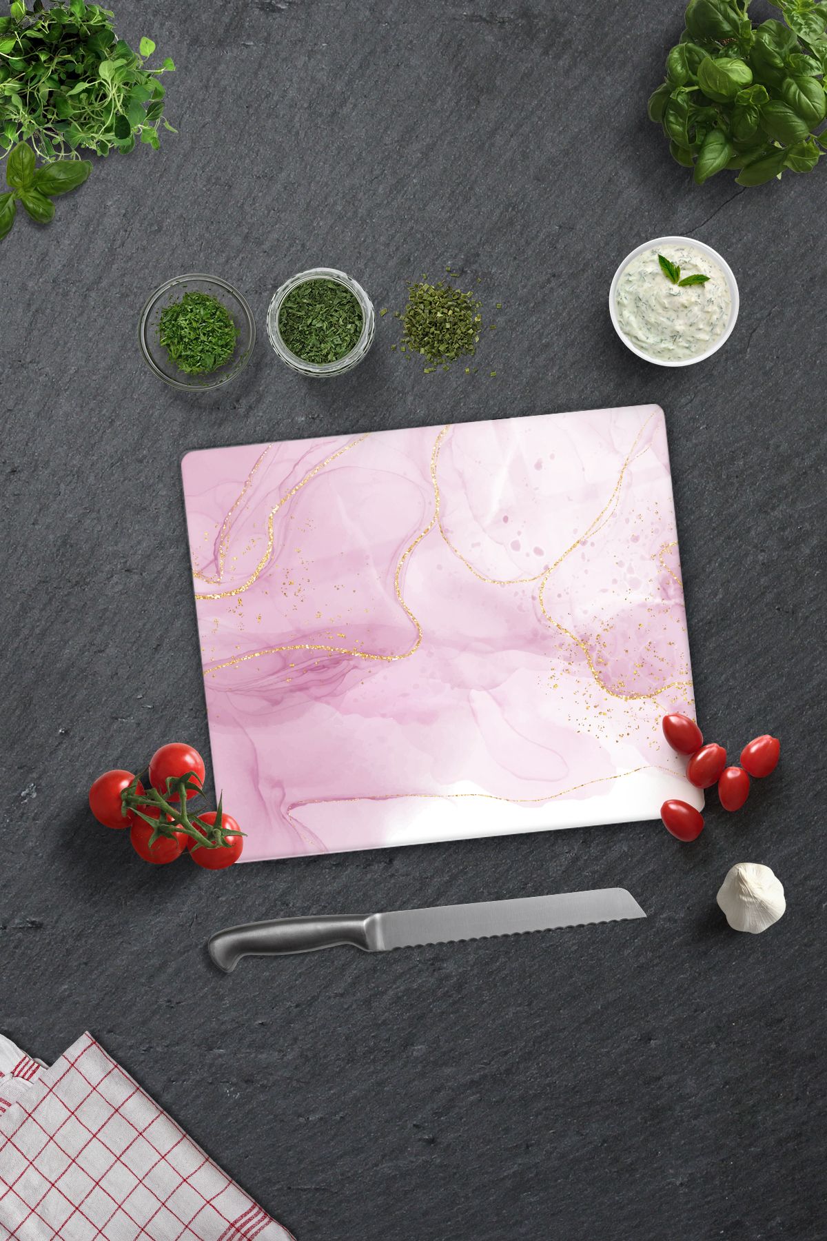 Decorita Cam Kesme Tahtası - Cam Kesme Tablası | Pembe Gold Desen | 29cm x 34cm