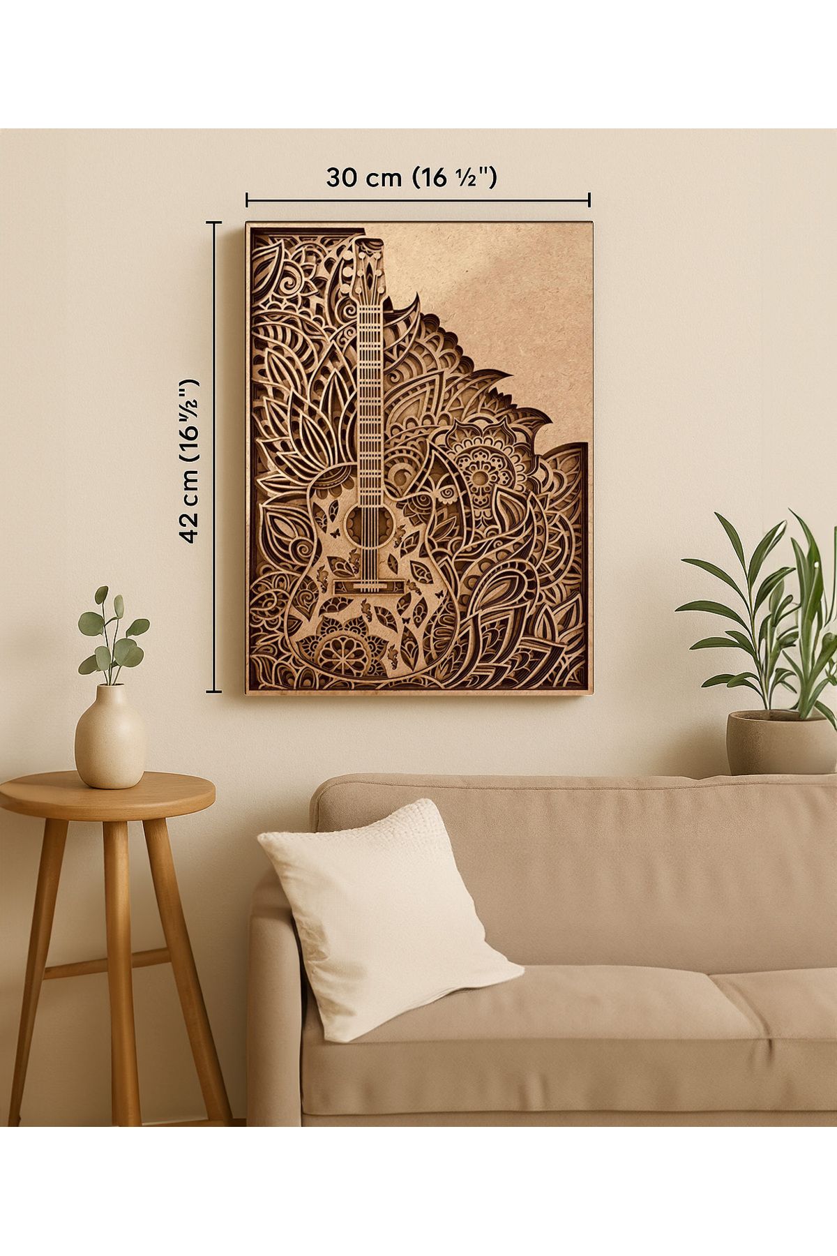 Lotuswoodart Laser Kesim Ahşap Gitar Duvar Tablosu 30x42 cm – Mandala Desenli Dekoratif Tablo