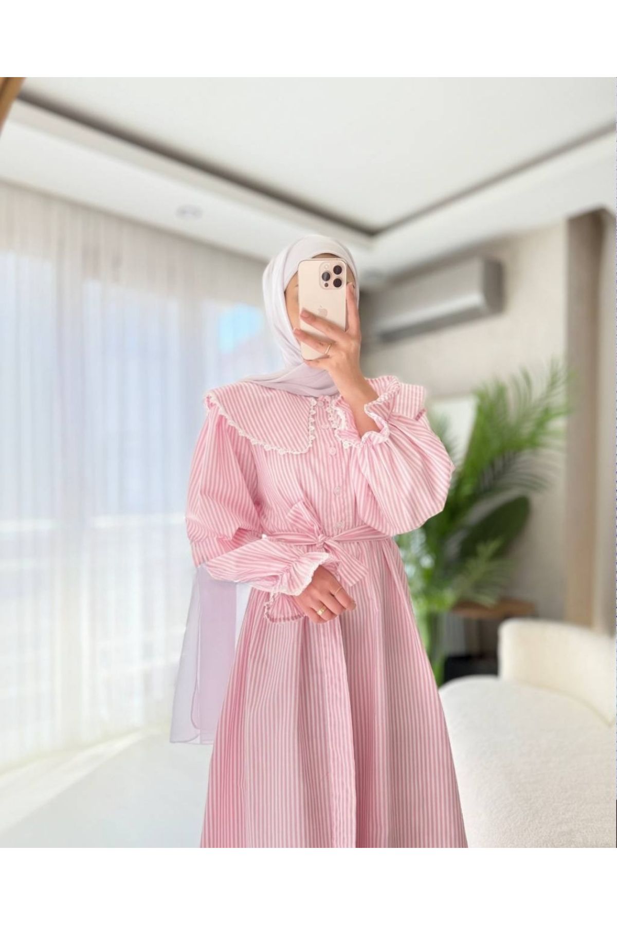 OlaLady Dantelli Bebe Yaka Belden Bağlamalı Çizgili Tesettür Elbise