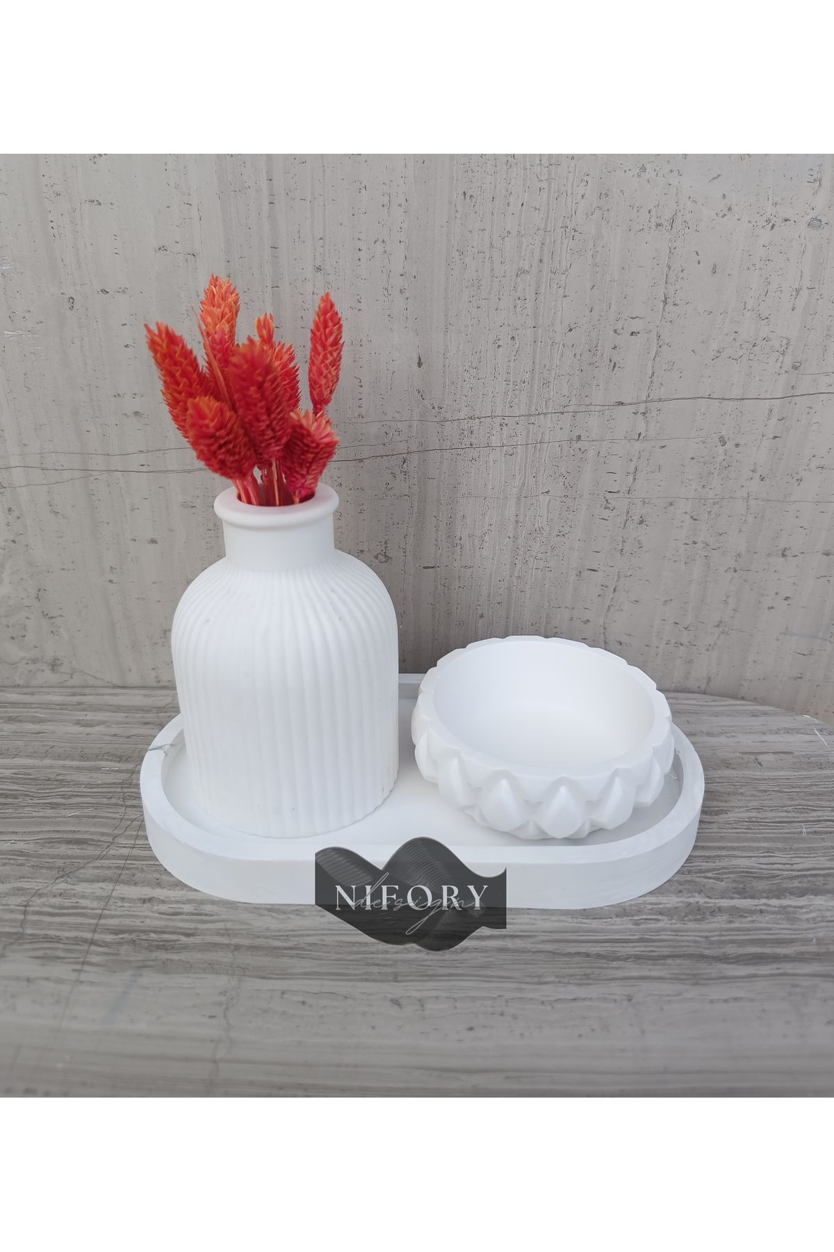 Nifory 520-N013 Dekoratif Beton Sunum Aksesuar Set Beton Biblo Organizer Takımı Çok Amaçlı Dekoratif Set