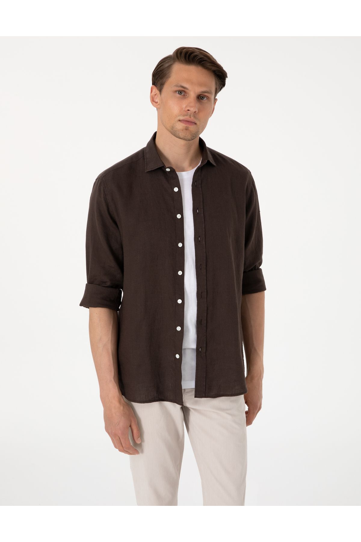 Pierre Cardin Kahverengi %100 Keten Regular Fit Uzunkollu Gömlek 50303293-VR029