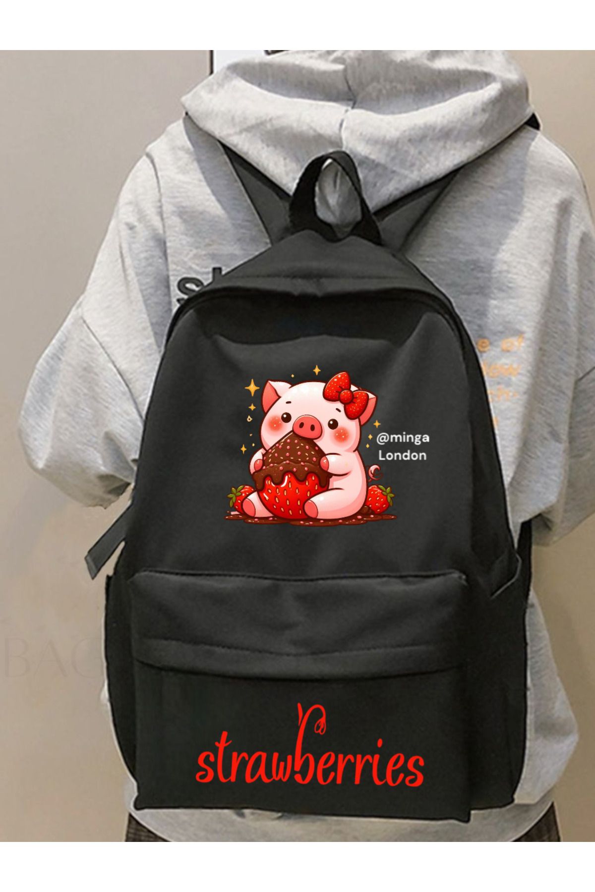 Minga London Siyah Pink Strawberry Pig Baskılı Okul, Dershane, Kurs Baskılı Sırt Çantası -Minga London