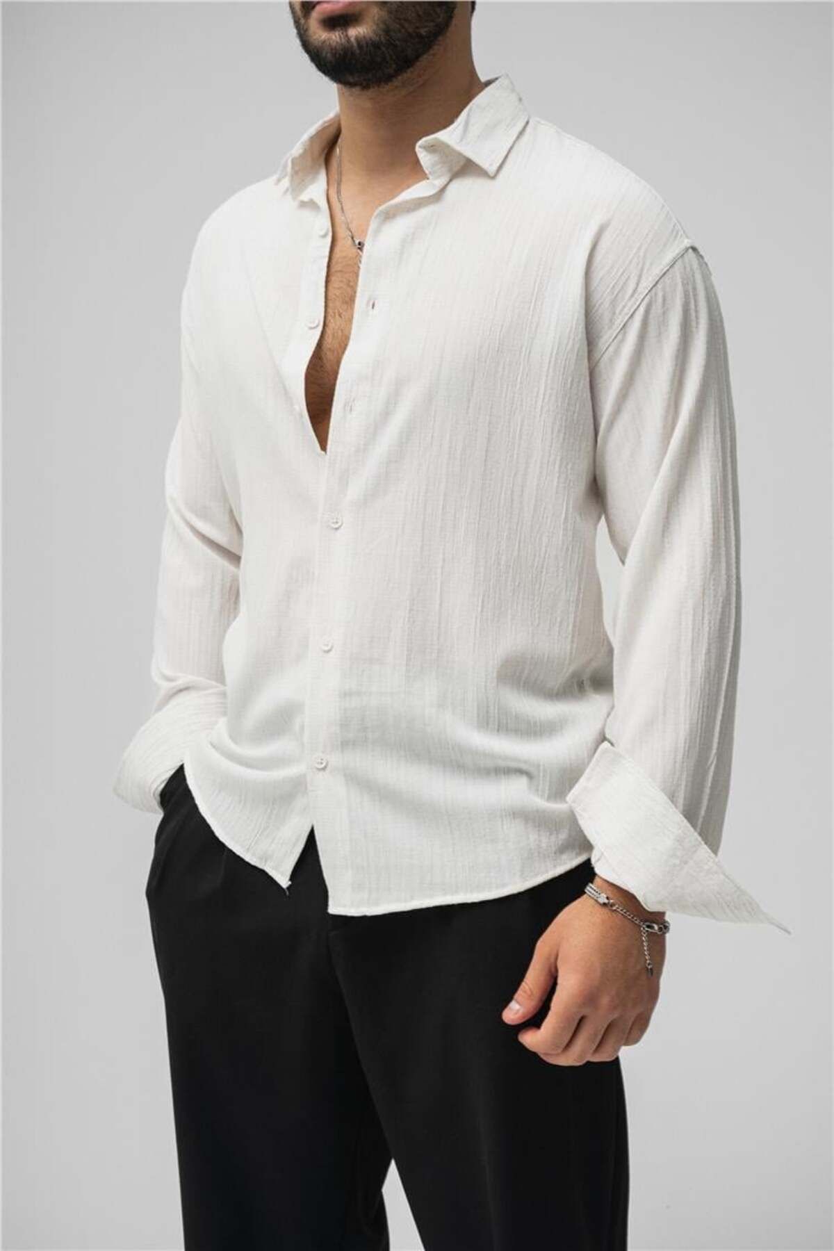 OUTFİT MAN Erkek Embossed Oversize Gömlek Beyaz