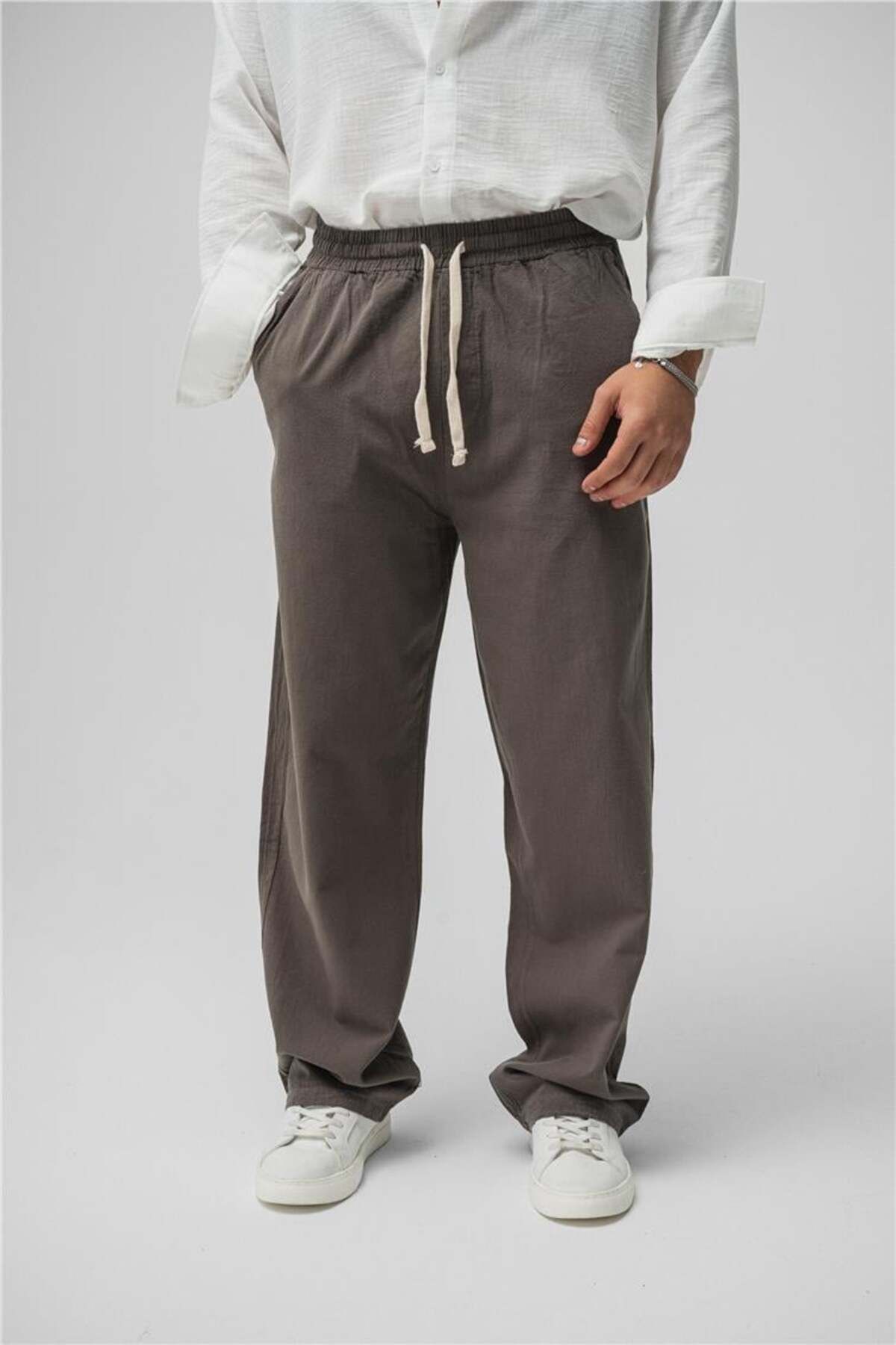 OUTFİT MAN Erkek Linen Bel Bağlamalı Baggy Kahve