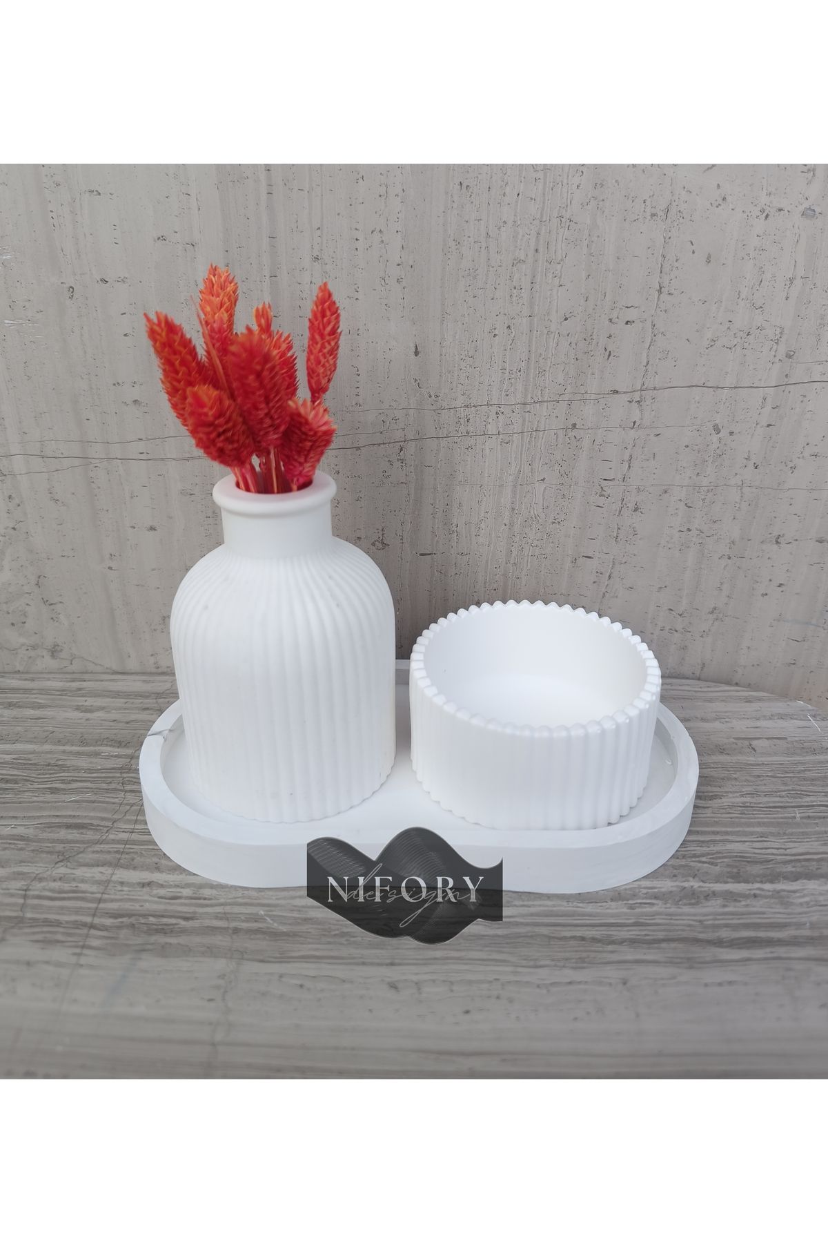 Nifory 520-N011 Dekoratif Beton Sunum Aksesuar Set Beton Biblo Organizer Takımı Çok Amaçlı Dekoratif Set