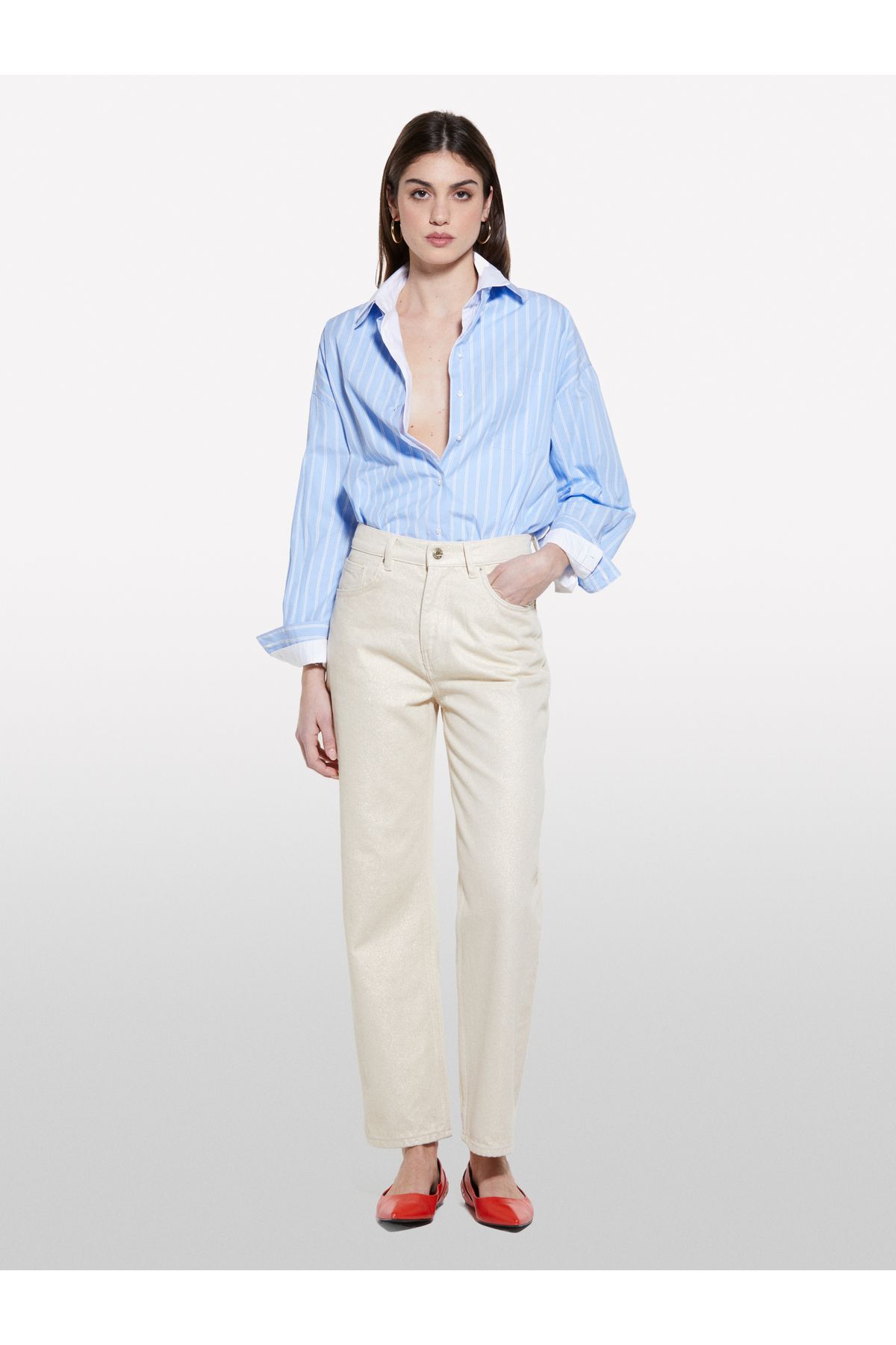 Sisley Kadın Kemik %100 Pamuk 5 Cepli Orta Bel Düz Paça Denim Pantolon