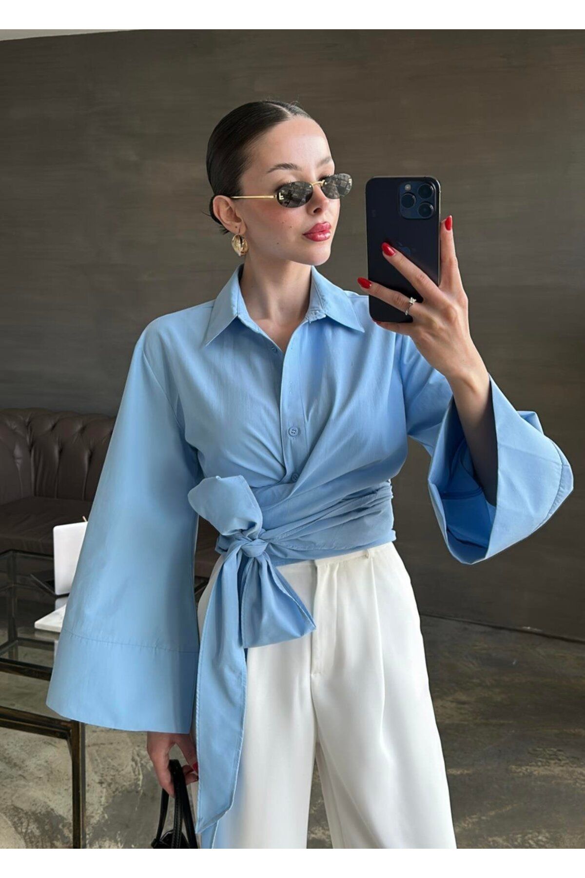 Jose Clothing Kadın Bel Bağlama Detay Uzun Kollu %100 Pamuk Poplin Gömlek