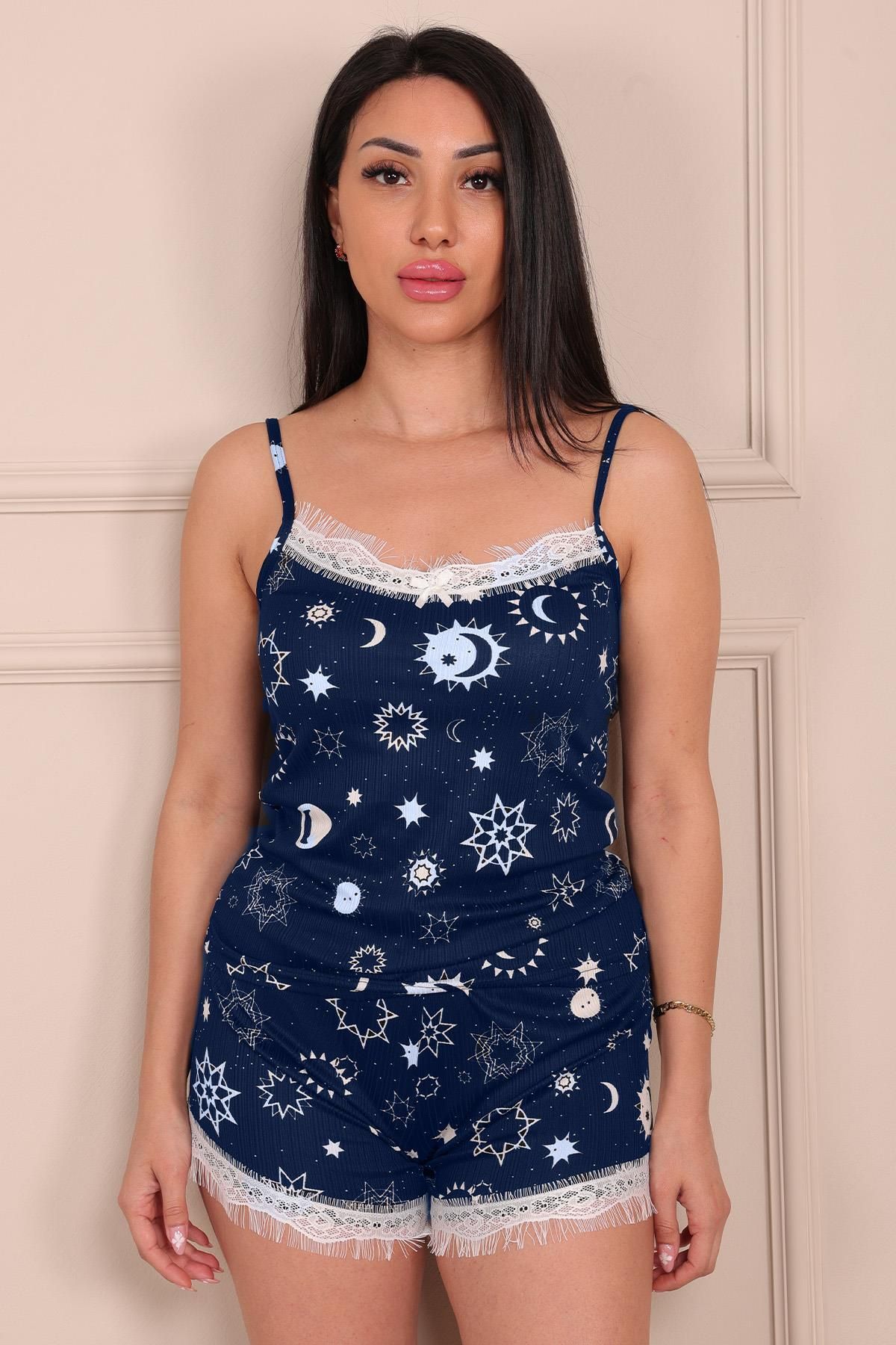 Niket Life Kadın Motif Desenli İp Askılı Şortlu Pegasus Pijama Takımı