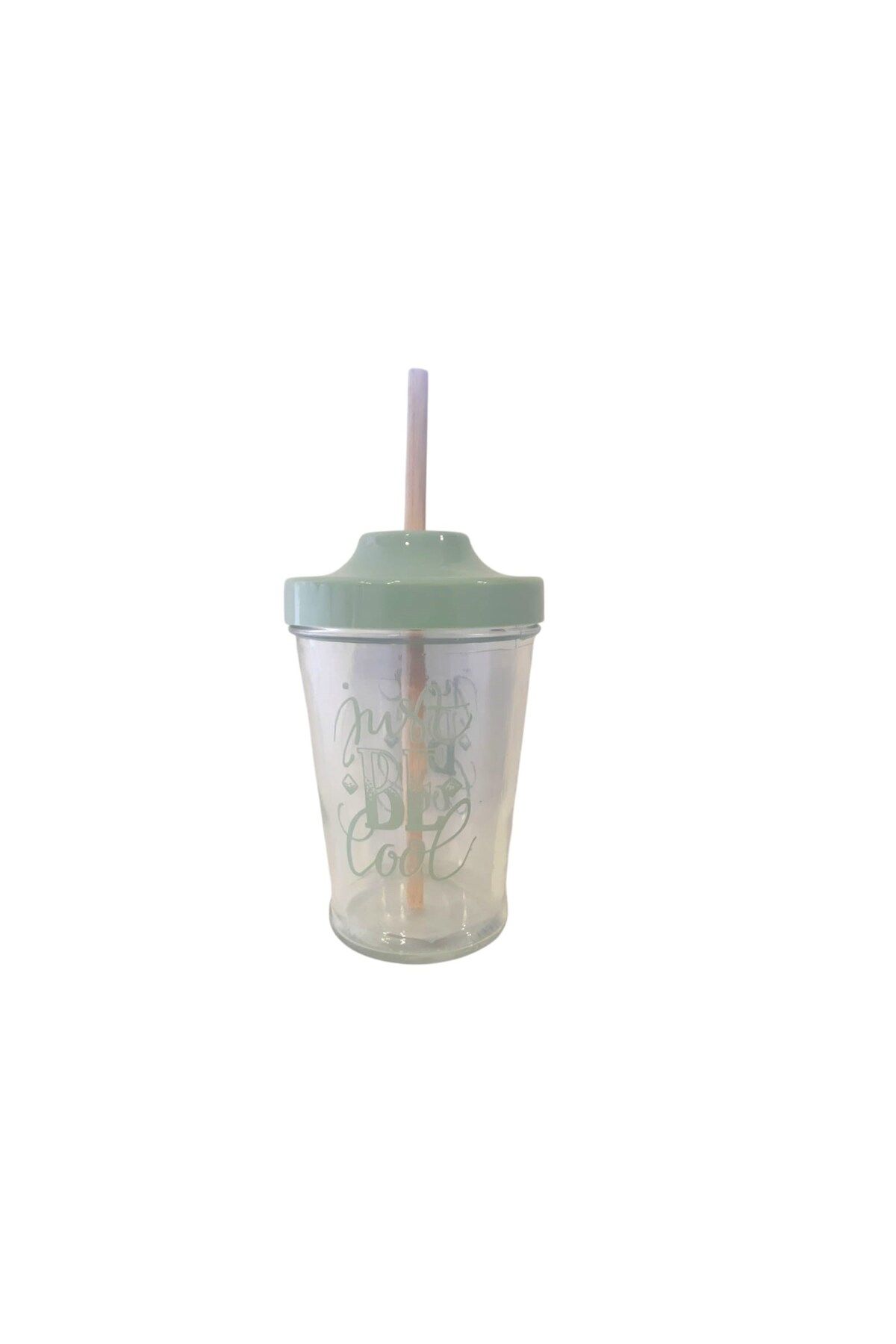 TEKNO İSTANBUL Bambu Pipetli Pudra Yeşil Desenli Cam Bardak (450mL)