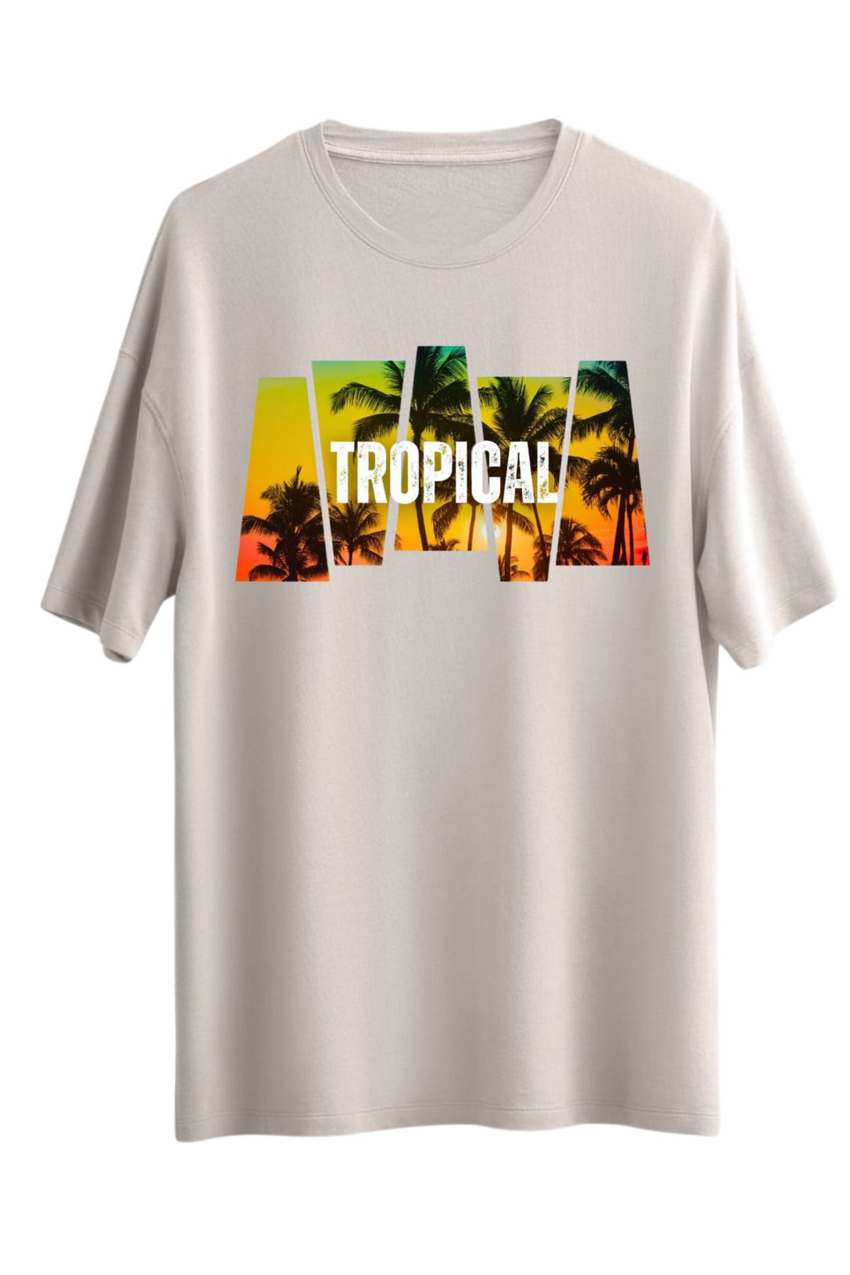 MODA TROPİCAL PLAJ Baskılı Bol Kesim Oversize Omuzu Düşük T-shirt Tüylenmez %100 Pamuk