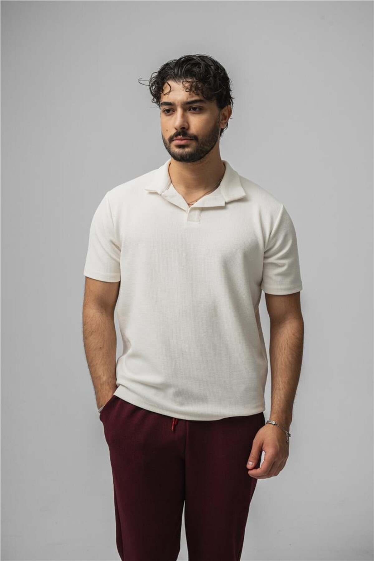 OUTFİT MAN Erkek Polo Yaka Gizli Kabartma T-Shirt Krem