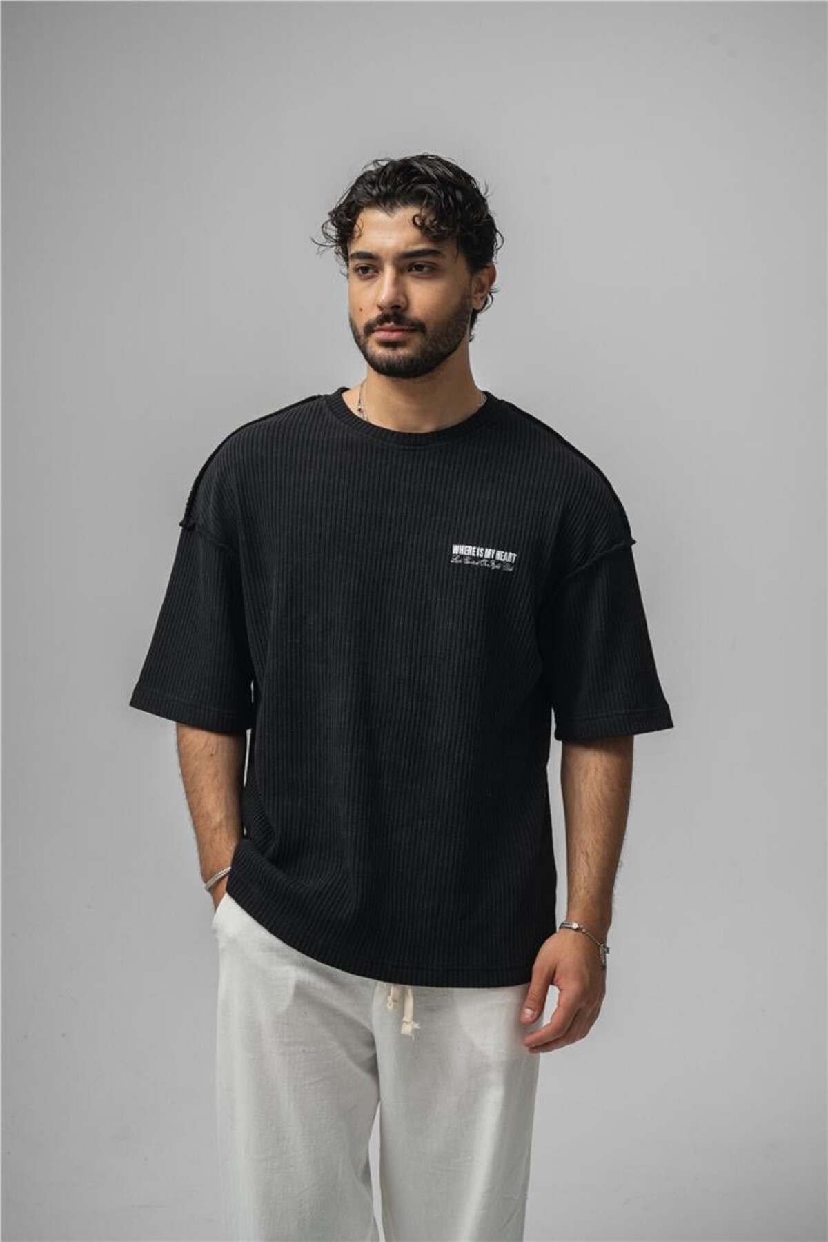 OUTFİT MAN Erkek WHERE IS MY HEART Oversize T-Shirt Siyah