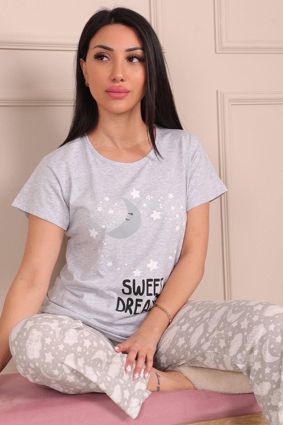 Niket Life Kadın Sweet Dreams Sloganlı Bisiklet Yaka Kısa Kollu Altı Uzun Penye Pijama Takımı