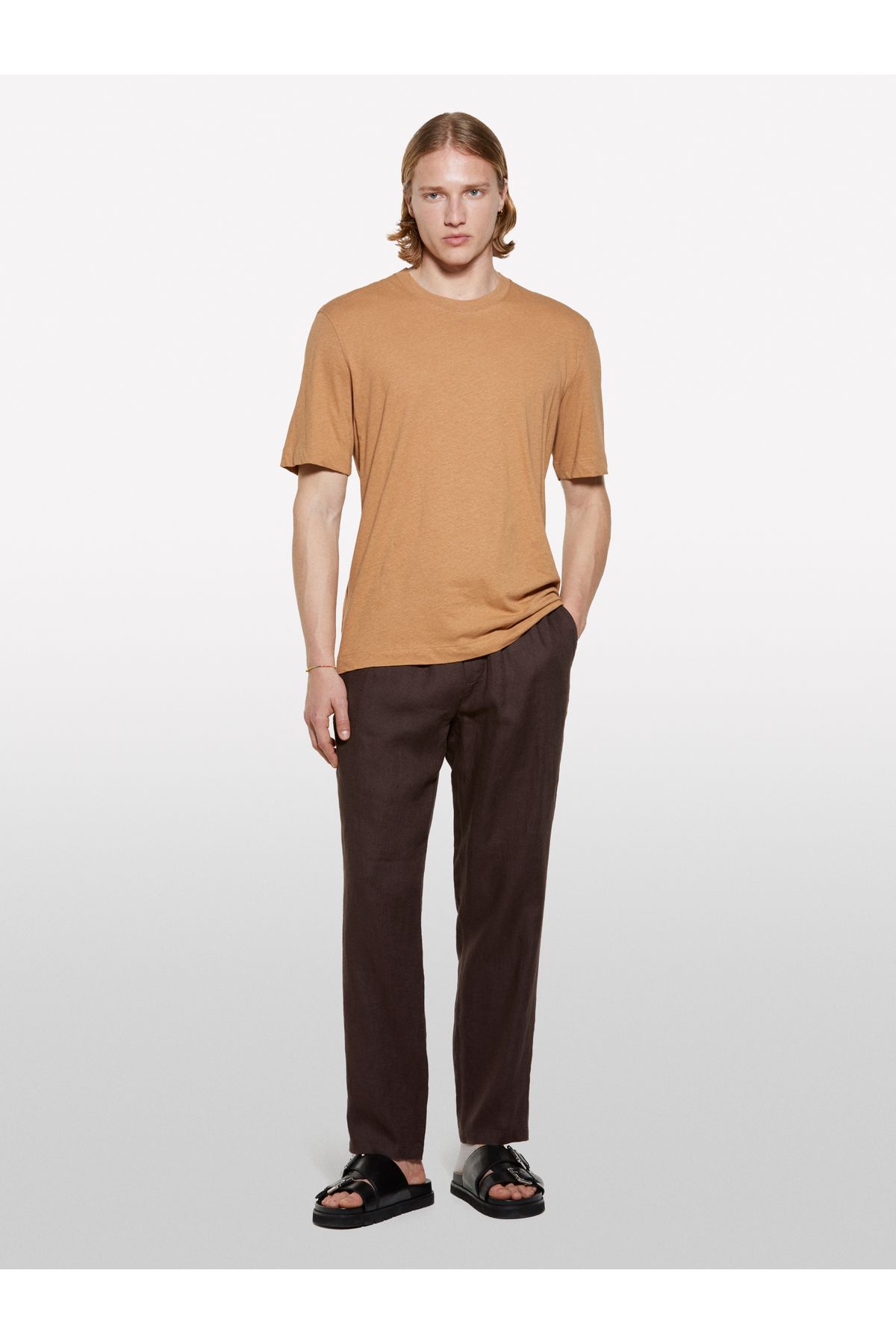 Sisley Erkek Koyu kahverengi %100 Keten Beli Büzgülü İpli Slim Fit Pantolon