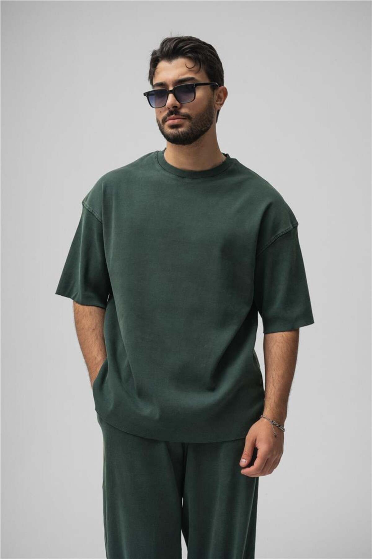 OUTFİT MAN Erkek Yıkamalı Fitilli Oversize T-Shirt Yıkamalı Yeşil