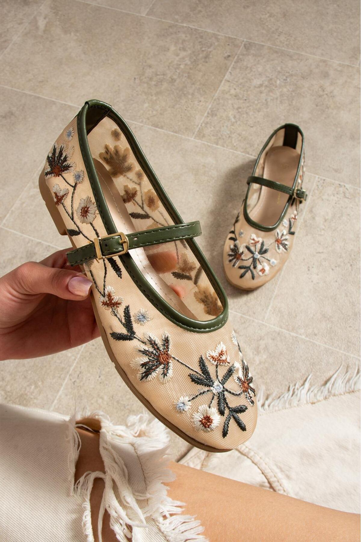 BeBeQ Store  Jordy Haki Biyeli Tokalı Düz File Nakışlı Kadın Ayakkabı Babet - Görsel 3