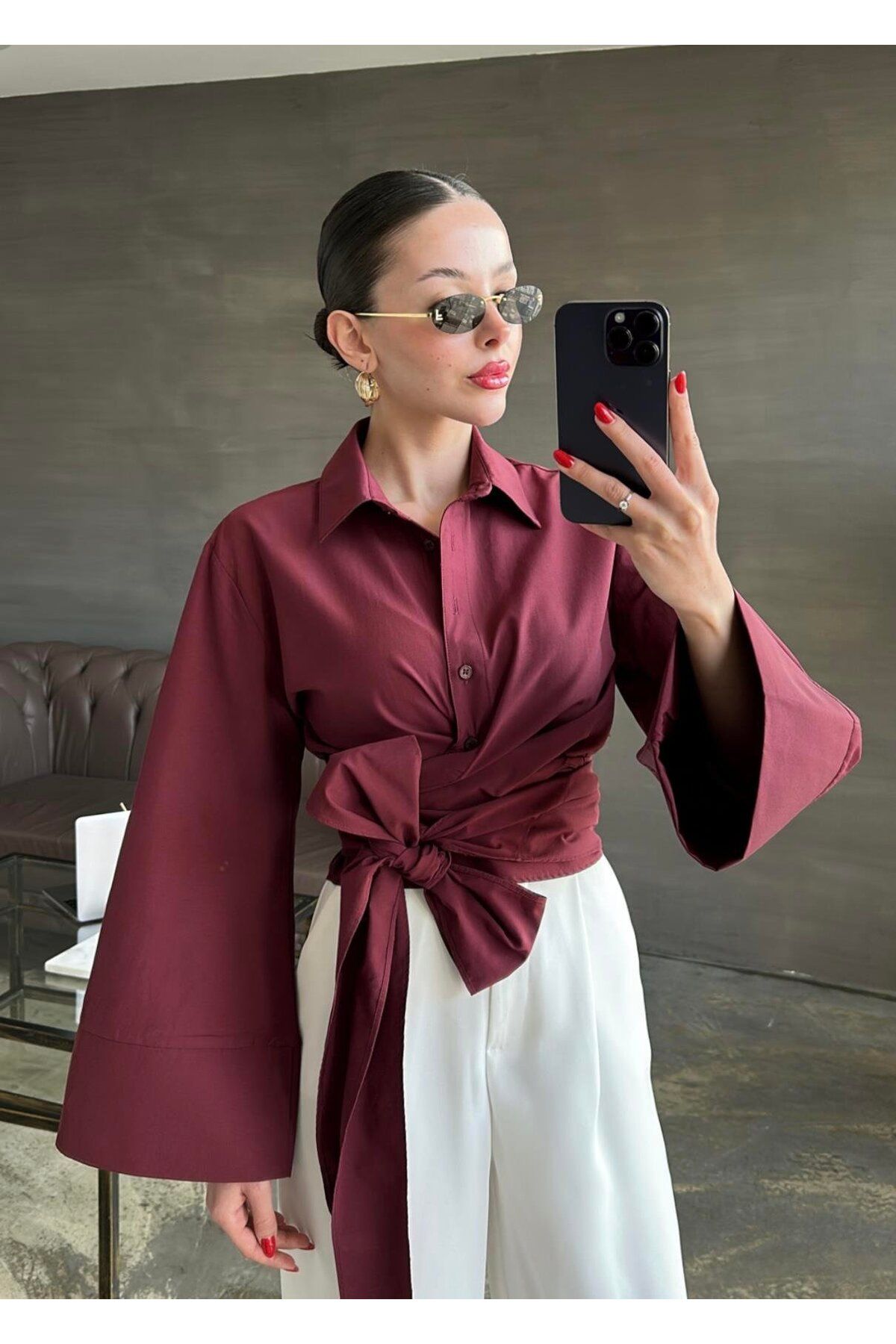 Jose Clothing Kadın Bel Bağlama Detay Uzun Kollu %100 Pamuk Poplin Gömlek
