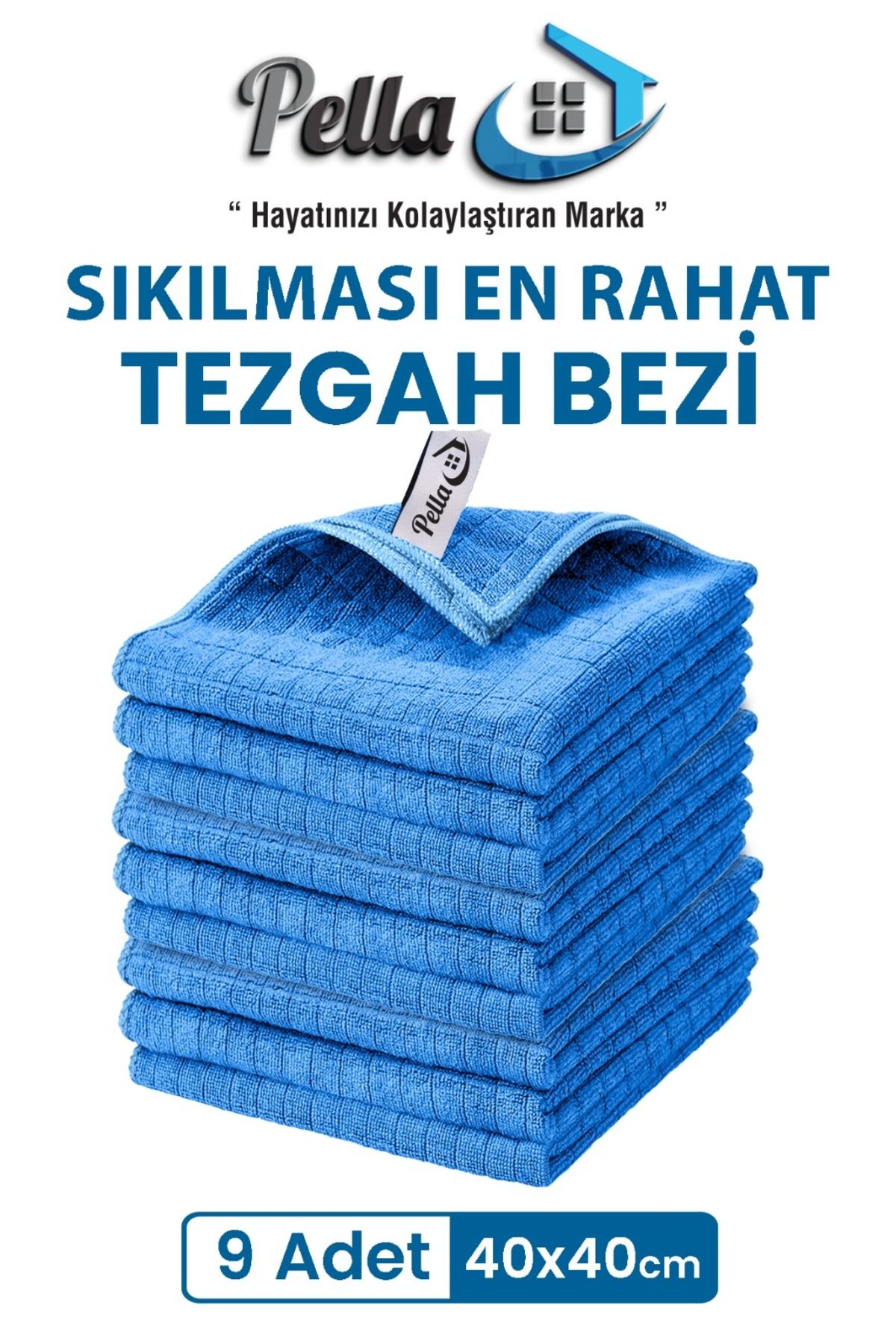 pella 9'lu Mikrofiber Araba, Cam, Mutfak Temizlik Bezi, Mavi (40 CM X 40 CM)