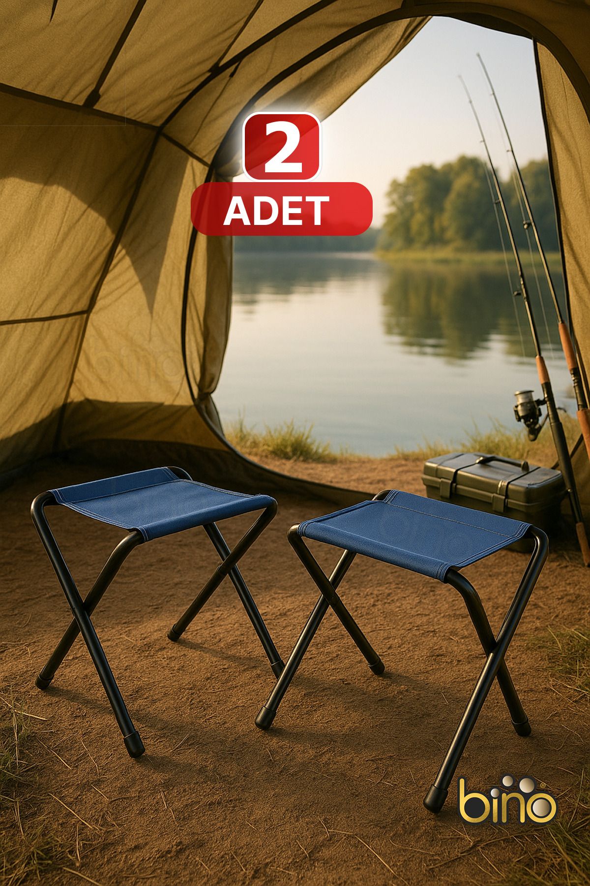 Bino 2 ADET Katlanabilir Kamp Taburesi Taşınabilir Metal Gövdeli Balıkçı Sandalye Seti Outdoor Plaj Bahçe