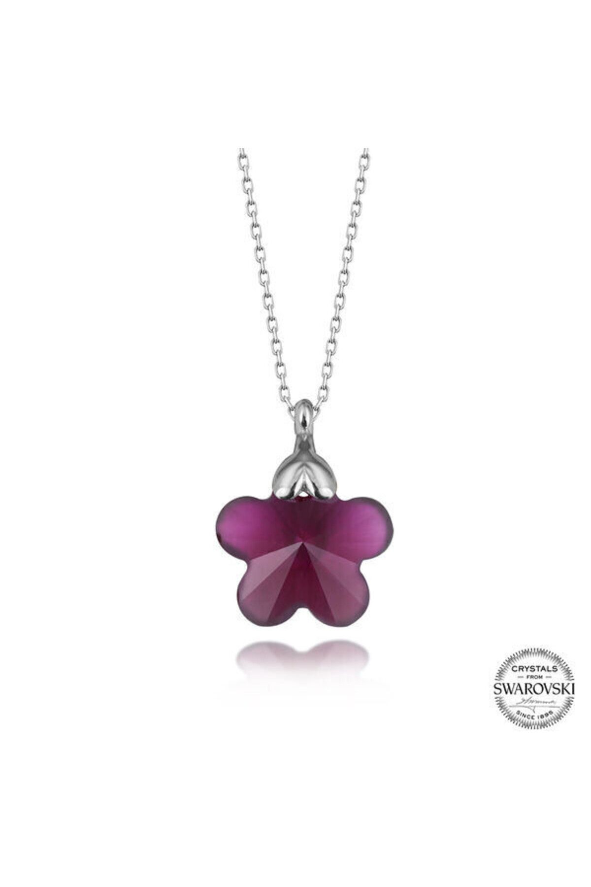 shop Crystal Taşlı Fuşya Papatya 925 Ayar Gümüş Kolye